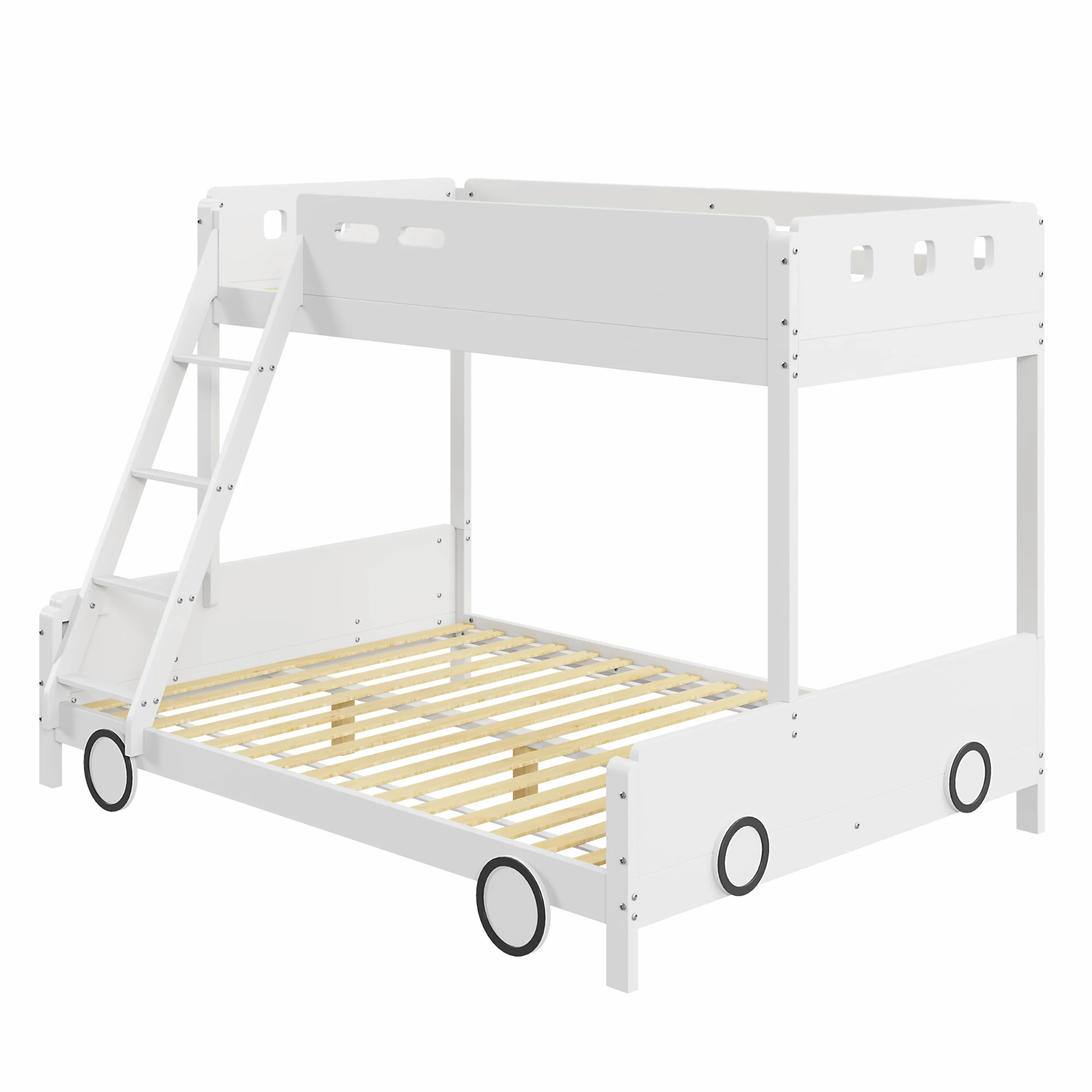 Dziecięce łóżko piętrowe w kształcie samochodu z litego drewna – u góry 90 x 200 cm, na dole 140 x 200 cm – łóżko rodzinne dla rodzeństwa – kratka bezpieczeństwa, kolor biały – obciążenie do 140 kg
