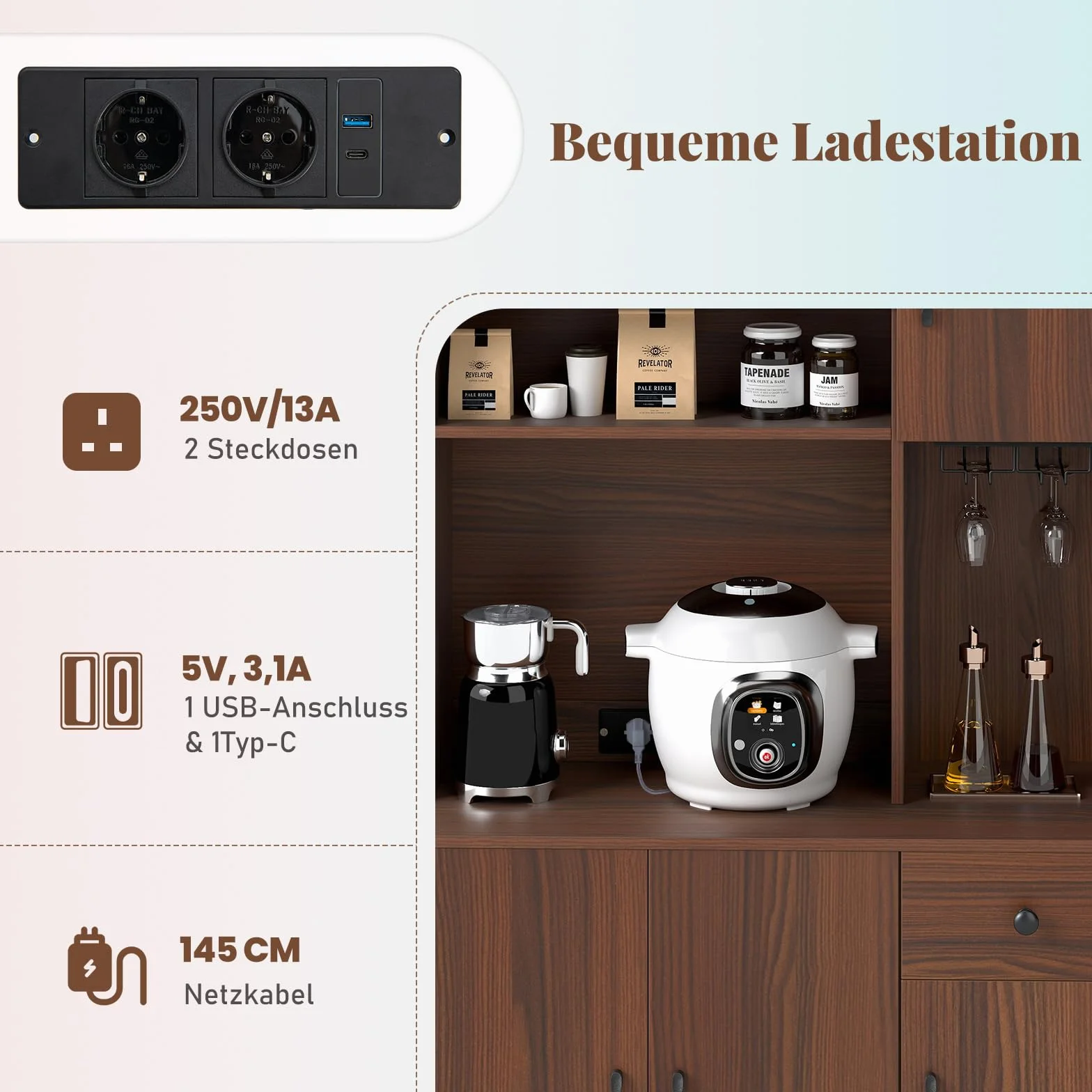 COSTWAY Drewniana szafka kuchenna, kredens z gniazdkami i portami USB i typu C, wysoka szafka z regulowanymi półkami i szufladą, do kuchni i salonu, brązowa, 90 x 39 x 167 cm