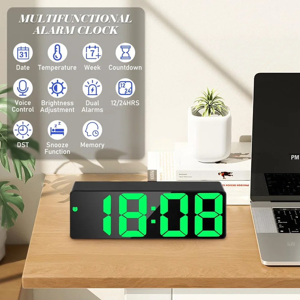 flintronic Cyfrowy budzik, cyfrowy budzik LED z dużymi cyframi, zegar stołowy z wyświetlaczem temperatury i alarmami, cyfrowy zegar zasilany przez USB, budzik nocny z funkcją drzemki/regulowanym