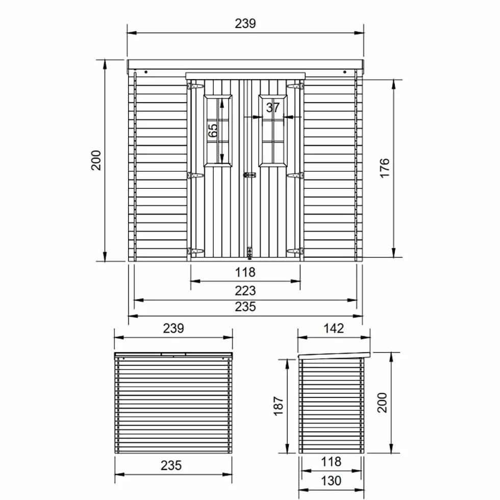 TIMBELA M310C Drewniany domek ogrodowy – szopa ogrodowa z drewna, szer. 239 x dł. 142 x wys. 200 cm / 2,63 m², szopa na rower, wodoodporny dach