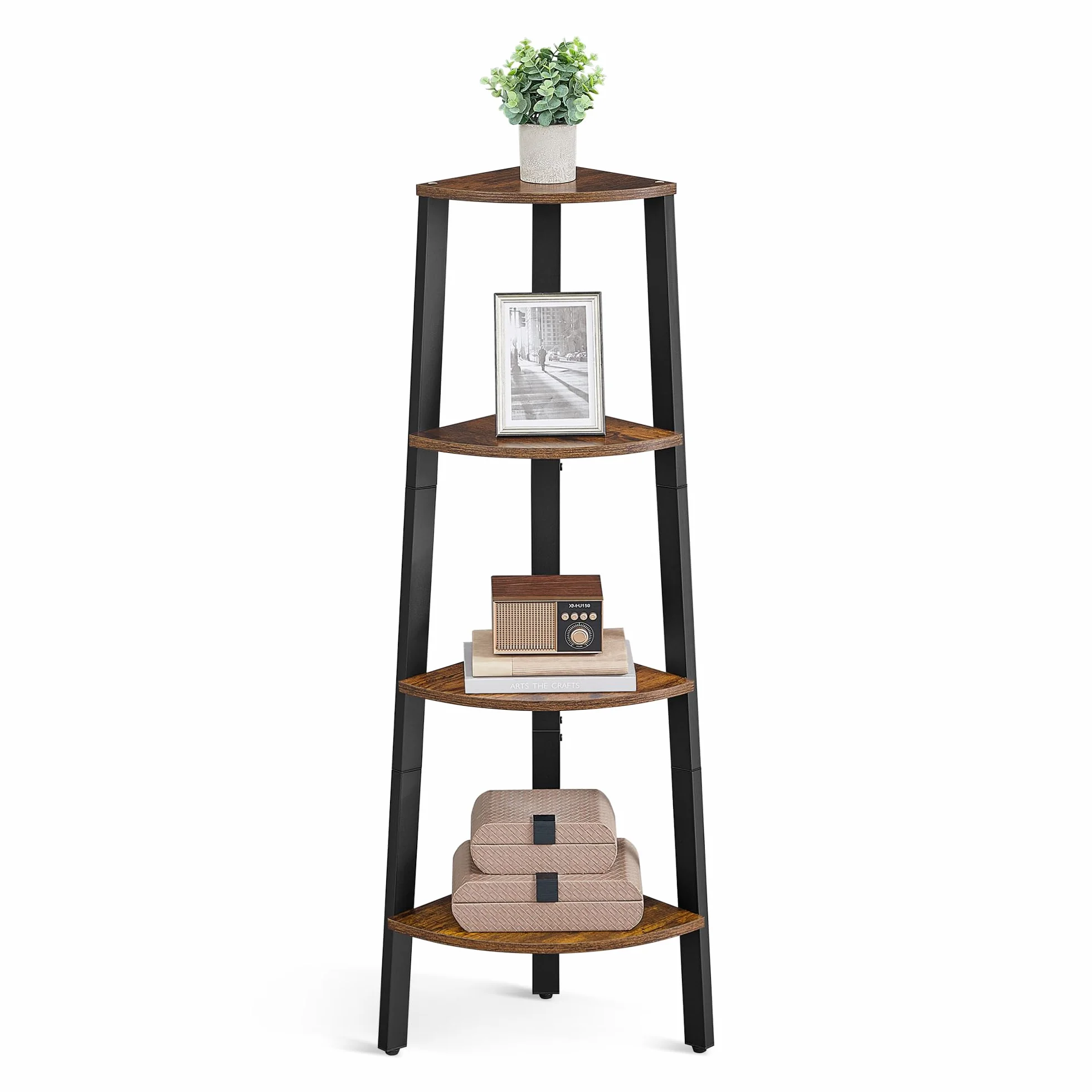 VASAGLE Estantería de Esquina, z 4 Estantes, Fácil de Montar, Marco de Acero, para Salon, Dormitorio, Balcón, Design Industrial, Vintage, Marrón Rústico y Negro LLS34X