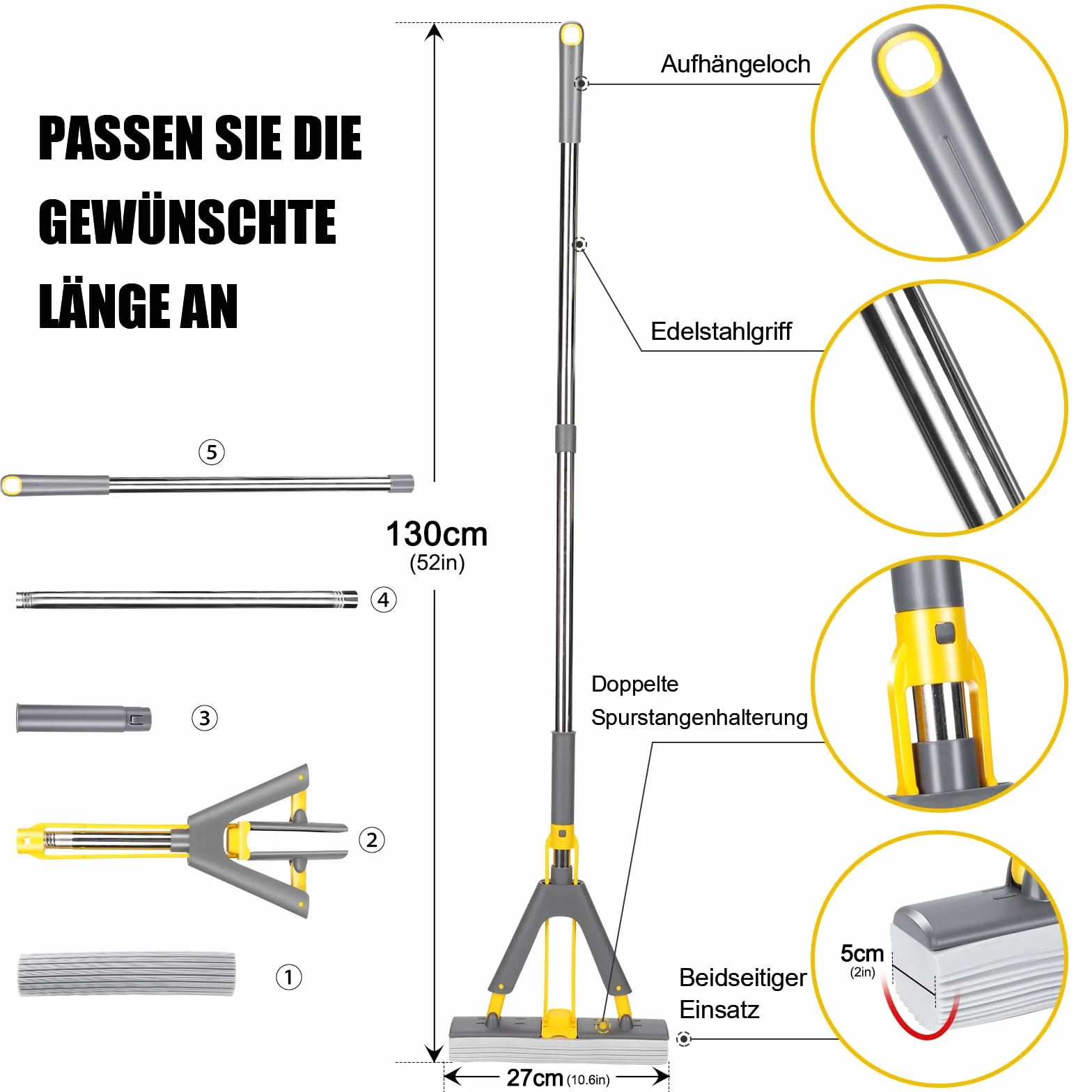 Myiosus PVA Gąbkowy mop, Gąbka podłogowa mop z trzonkiem 130 cm, chłonny mop z 3 głowicami z gąbki, mop do czyszczenia podłóg, składany mop gąbkowy do płytek, marmuru, laminatu, twardego drewna