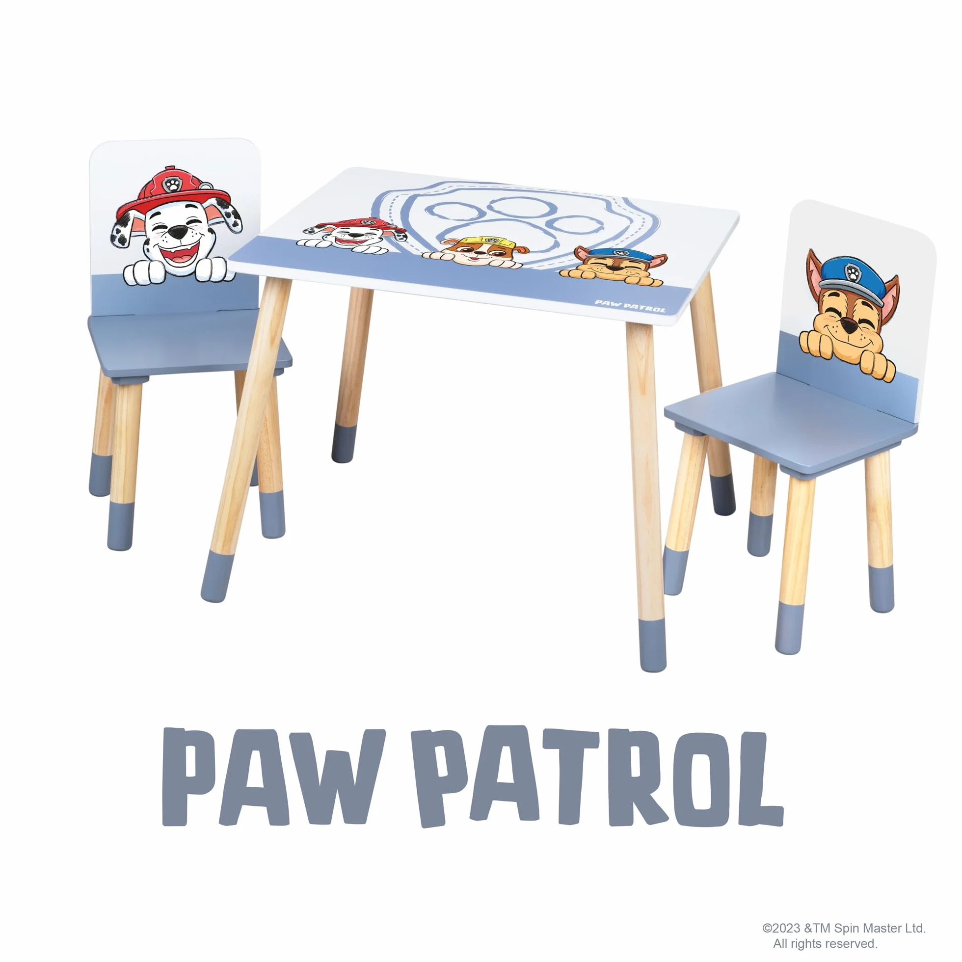 roba Zestaw mebli dla dzieci Psi Patrol - 2 krzesełka dziecięce i 1 stolik dla dzieci - Komplet mebli/meble z motywem psich kreskówek - Drewno białe - od 18 miesięcy