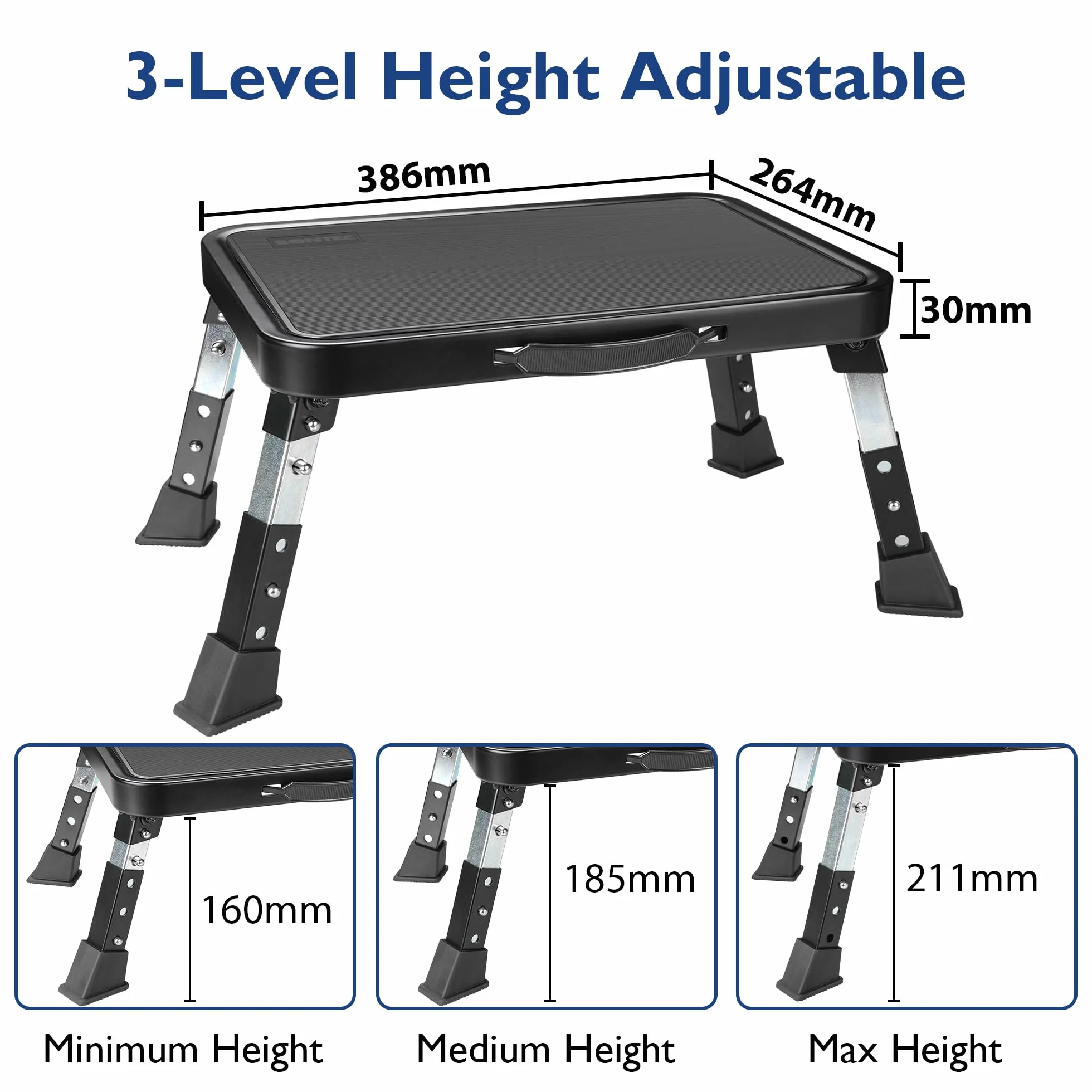 BONTEC Taburete Plegable con Plataforma Antideslizante y Pies de Goma Gruesa, 3 Niveles Ajustable en Altura, Soporta hasta 330 Libras, Ideal para Cocina, Dormitorio y RV