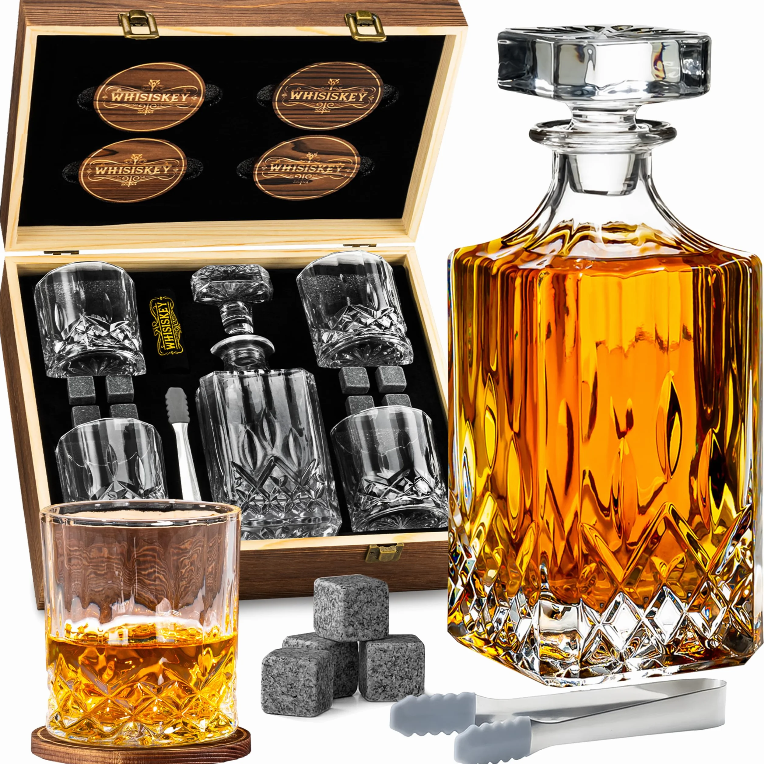 WHISISKEY Zestaw Karafka do Whisky 700ML 4 Szklanki 8 Kamienie Prezentowy