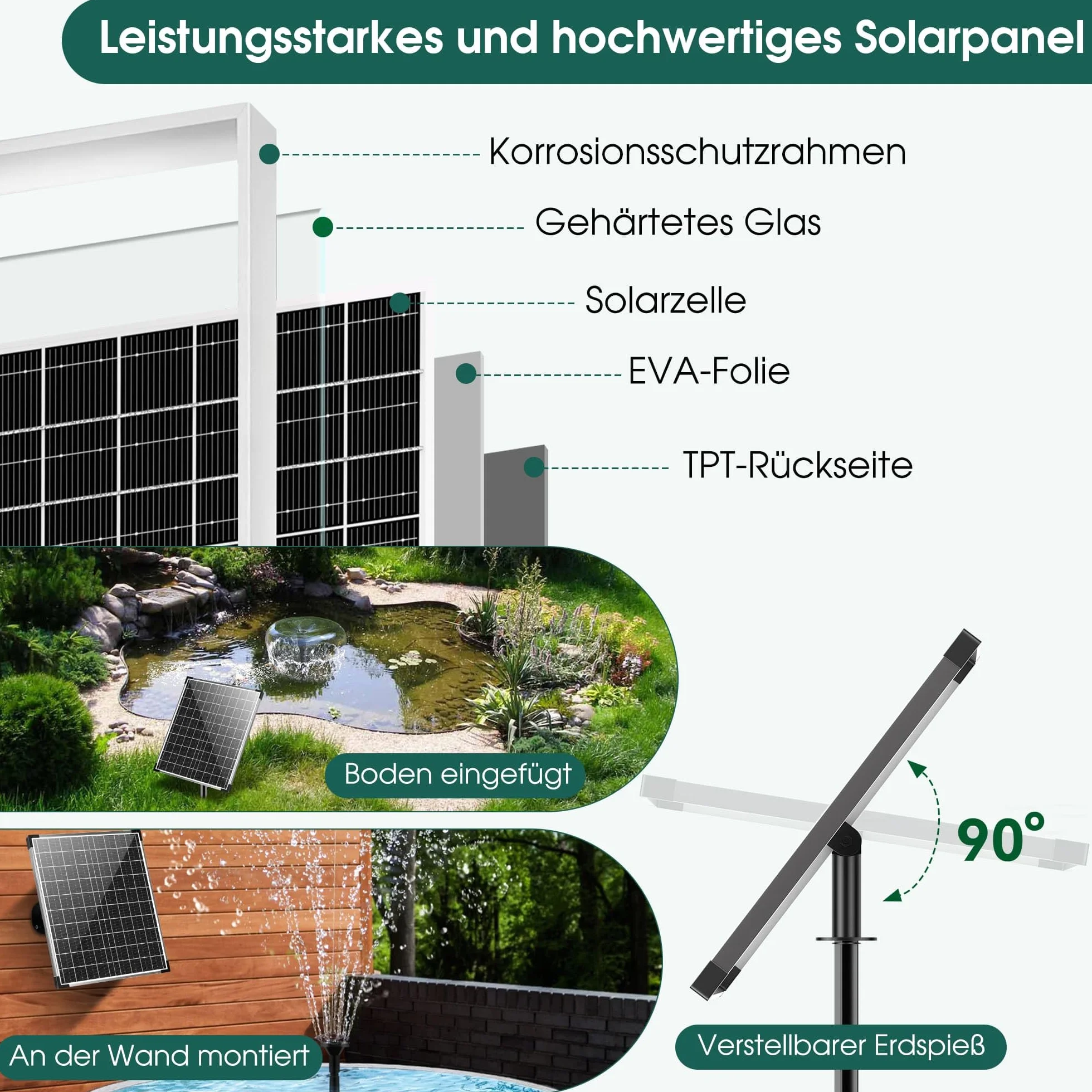 Biling Fontanna solarna 20 W do użytku na zewnątrz z 4 dyszami, 875 l/h, fontanna solarna do użytku na zewnątrz, średnie oczka wodne (5-10 ㎡), cicha pompa do stawu, do ogrodu, na taras, fontannę