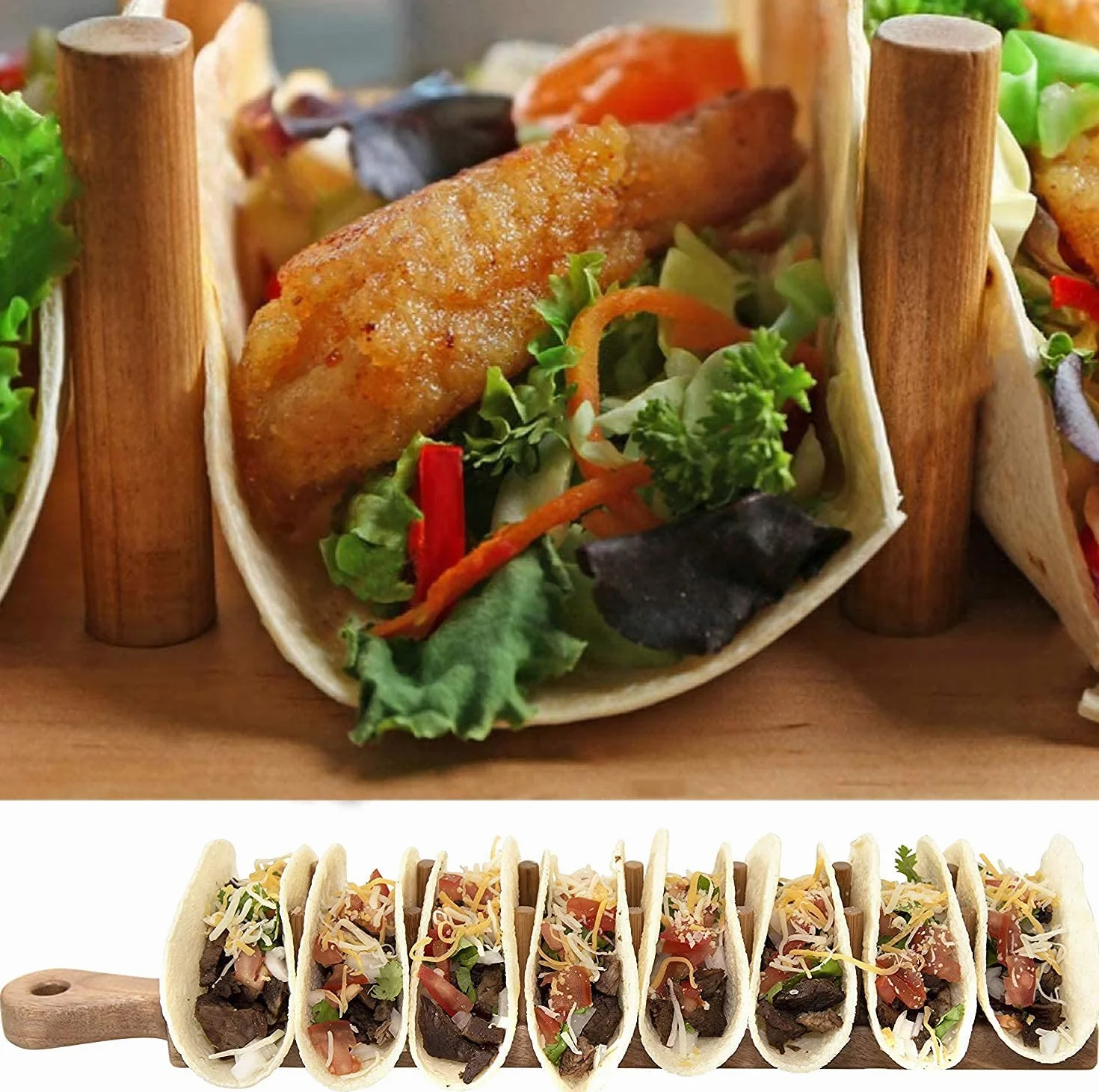 Drewniany stojak na taco bambusowy stojak na 8 tac, uchwyt na miękkie i twarde tace w stylu jadalnym