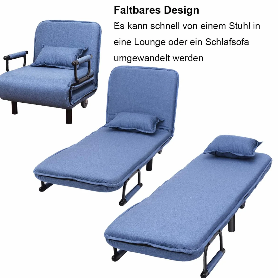 COSTWAY Fotel do spania 3 w 1 z funkcją łóżka, sofa do spania, składana, fotel składany, sofa z regulowanym oparciem, w zestawie poduszka, do sypialni, salonu, biura (niebieski)