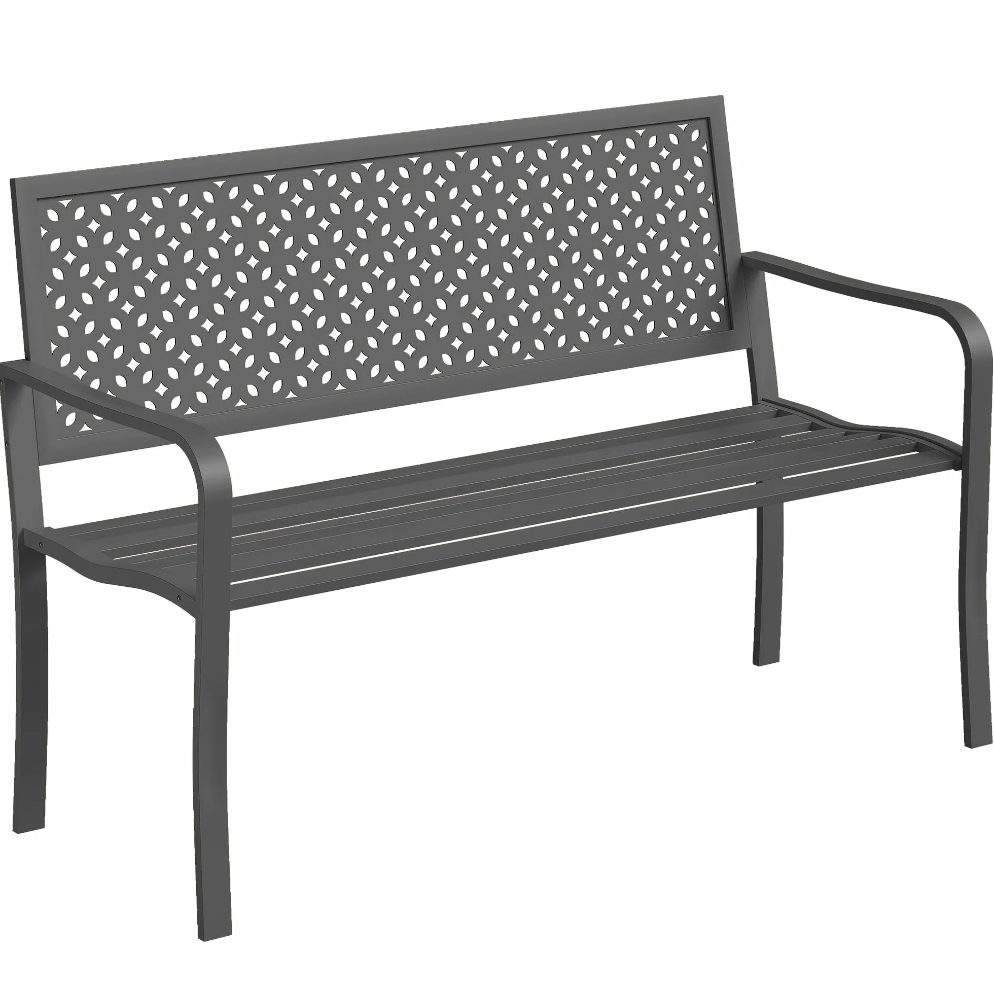 Outsunny Ławka ogrodowa 2-osobowa Metalowa odporna na warunki atmosferyczne Ławka balkonowa z oparciem odpornym na rdzę Geometryczne wzory Wytrzymałość do 240 kg Meble ogrodowe 127x61x85cm Ciemnoszara