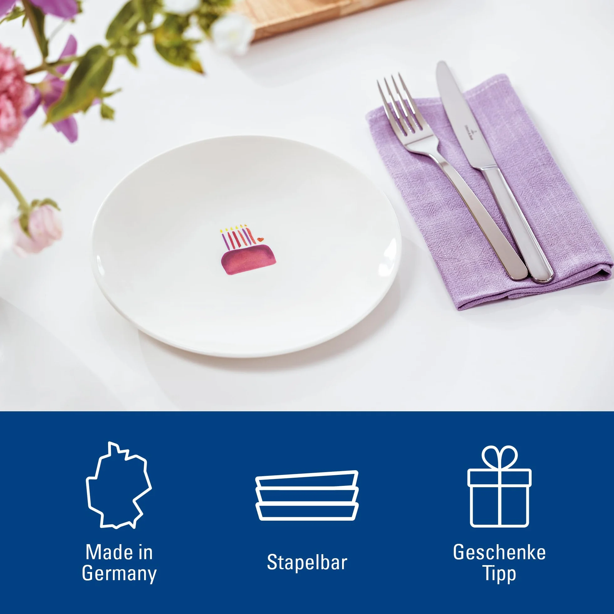 Villeroy & Boch With Love talerz śniadaniowy Happy Birthday 21x21x2,5 cm porcelana Premium talerz na ciasto sałatki deserowy zmywarka mikrofala