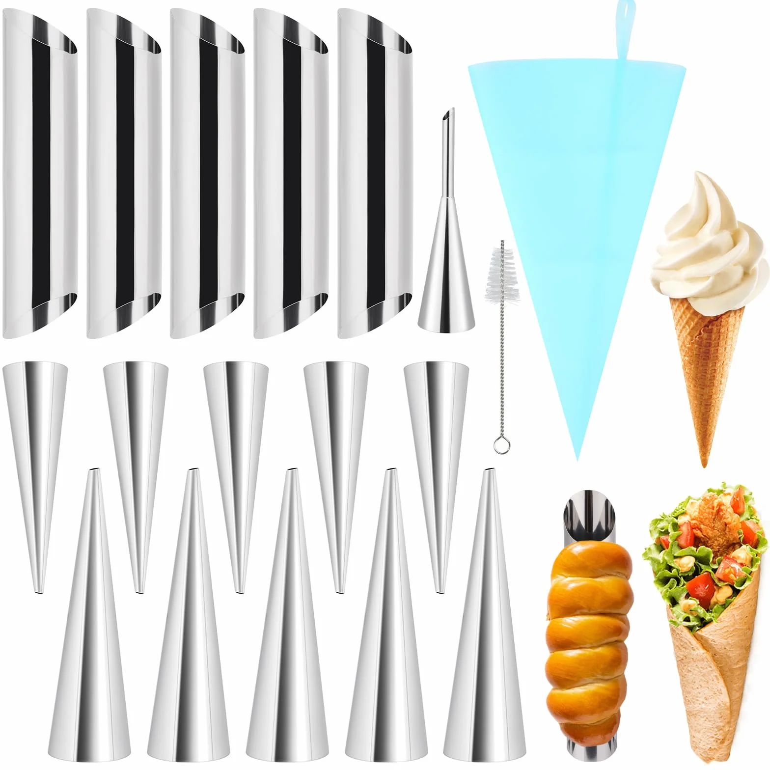 18 szt. foremek do pieczenia kremowych rogów, rurek cannoli ze stali nierdzewnej, 10 metalowych stożków i 5 rurkowych foremek do pieczenia rogalików, lodów i