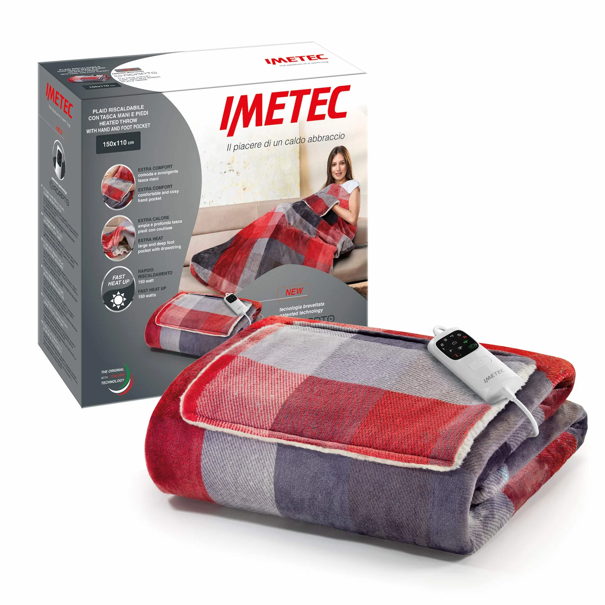 Imetec adapto velvet tartan pled podgrzewana kieszeń na dłonie i stopy, Koc elektryczny 150x110 cm, Niskie zużycie energii, Adaptacyjna technologia, Bezpieczny, Szybkie ogrzewanie, 6 temperatury, Prać