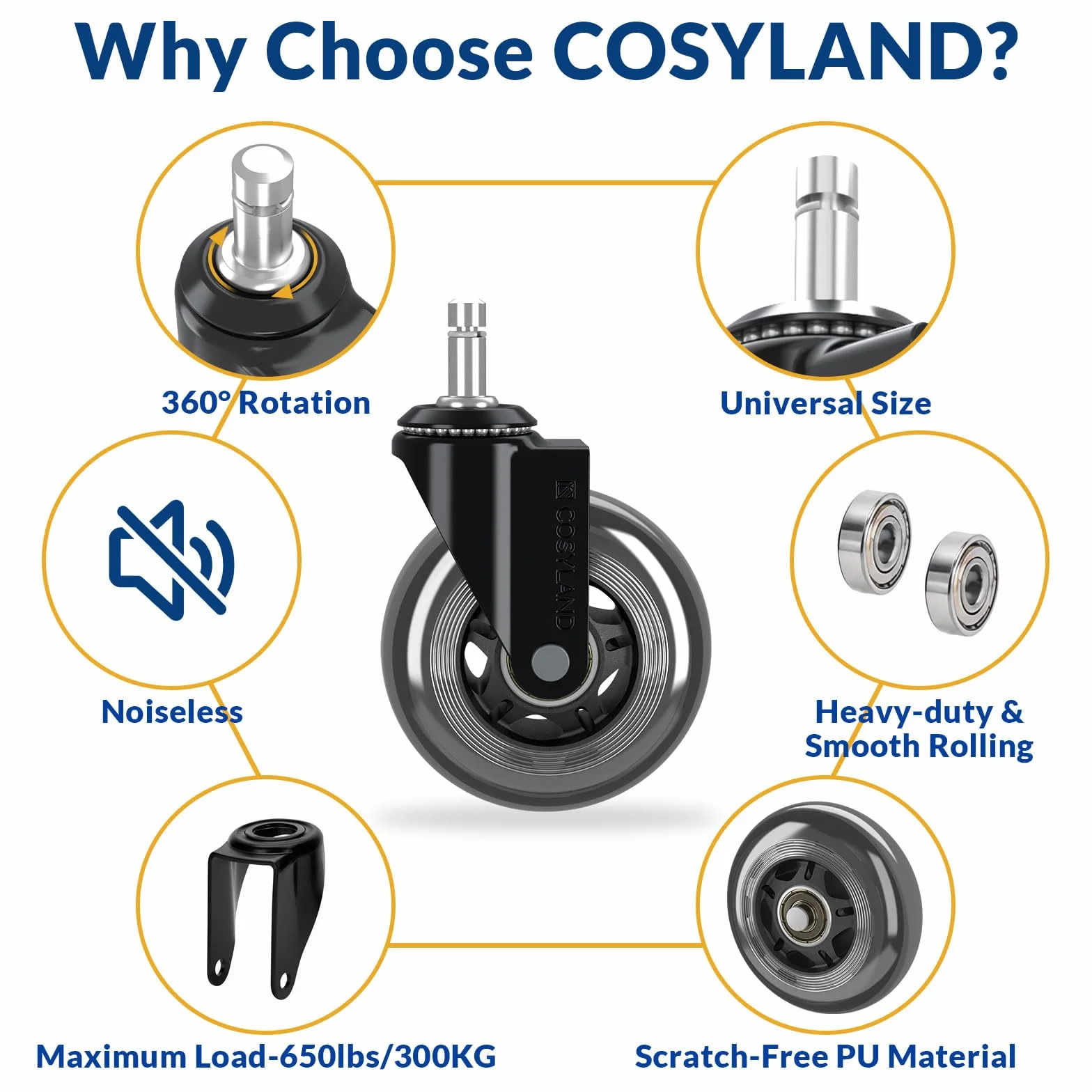 COSYLAND 5pcs Kółka do krzeseł obrotowych - 11 mm x 22 mm Kółka obrotowe - kółka do krzeseł do 300 kg - idealne do podłóg z twardego drewna, dywanów, laminatów i płytek do krzeseł biurowych