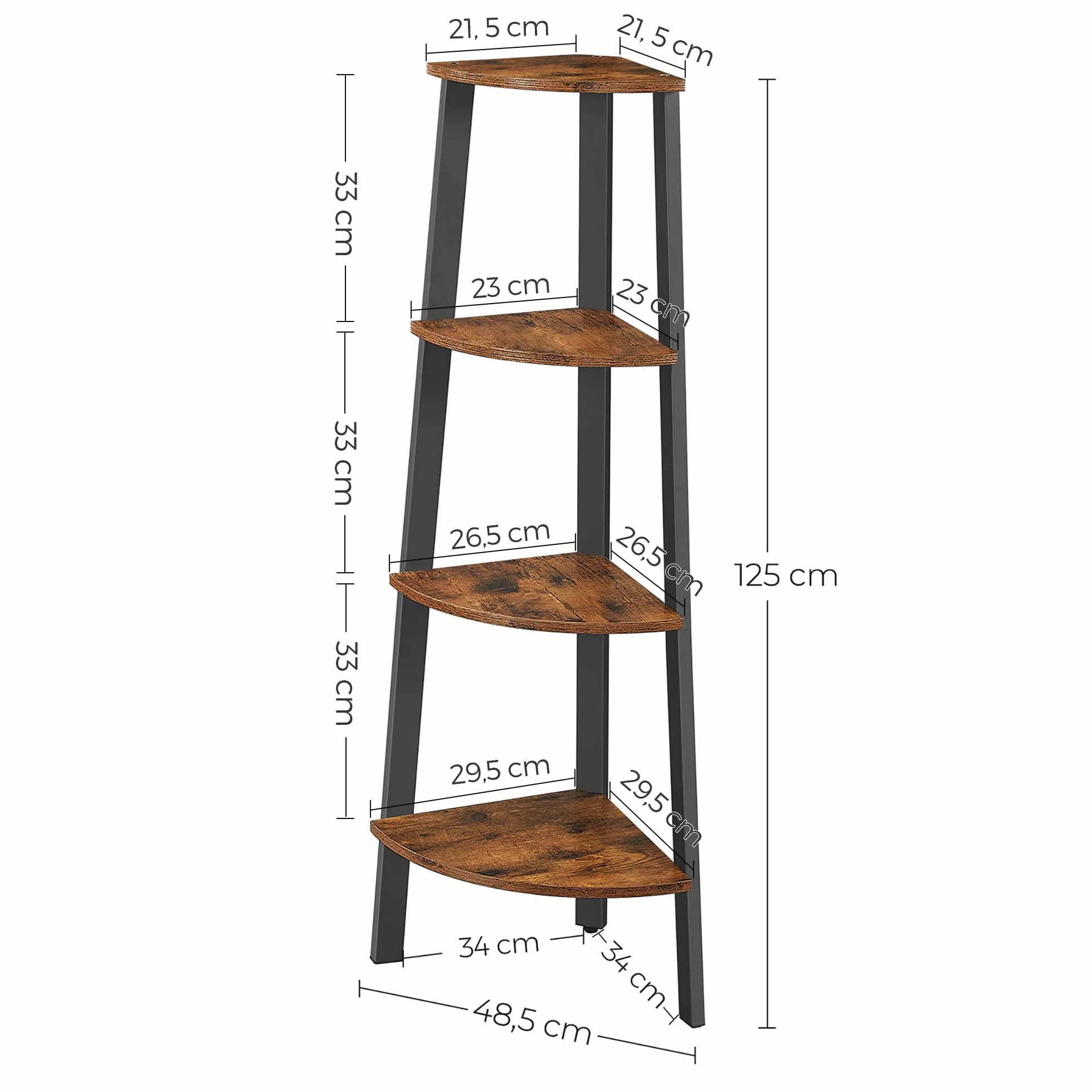 VASAGLE Estantería de Esquina, z 4 Estantes, Fácil de Montar, Marco de Acero, para Salon, Dormitorio, Balcón, Design Industrial, Vintage, Marrón Rústico y Negro LLS34X