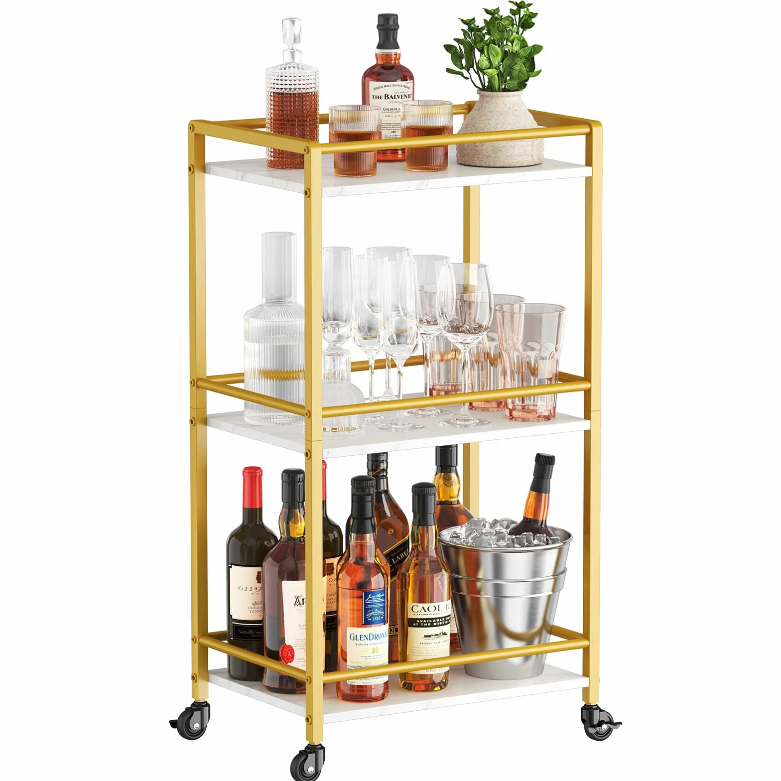 Wózek na napoje Lifewit, 3-poziomowy wózek barowy, wózek do serwowania herbaty na zamykanych kółkach, wózek na alkohol do jadalni i salonu, 43,2 x 30 x 81,5 cm, złoty