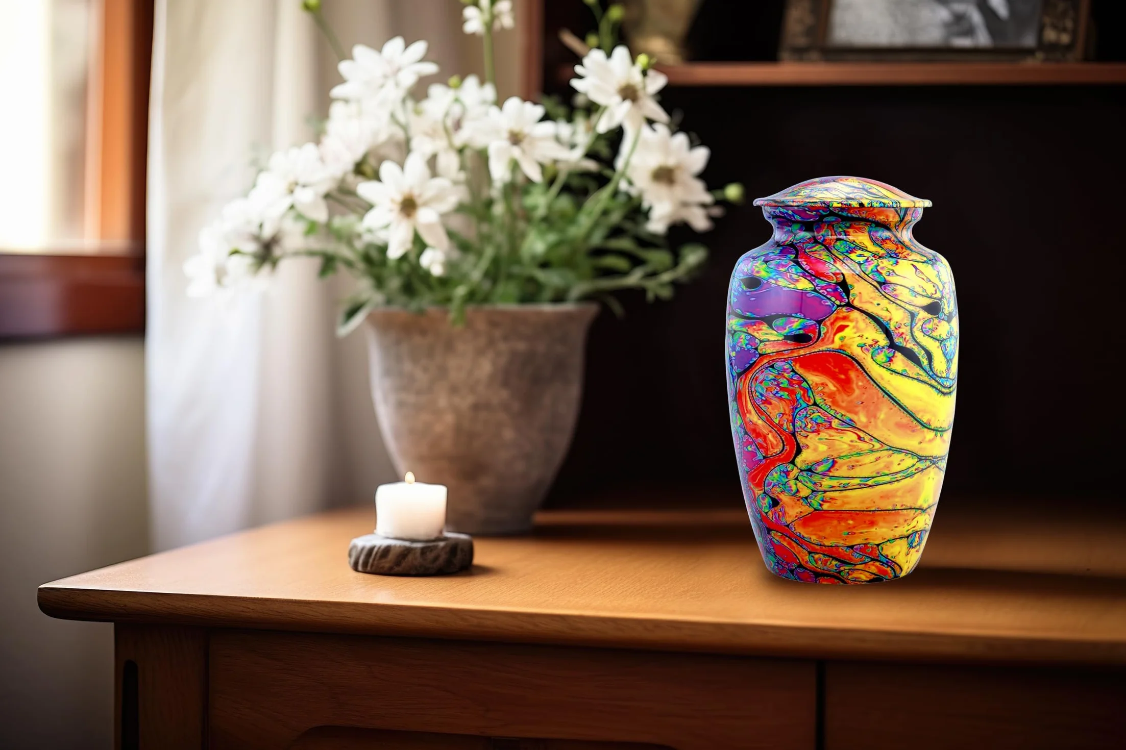 Nowoczesny Nadruk Urna Kremacyjna - Kolorowa, Ręcznie Wykonana Tie-Dye na Prochy Ludzkie - Pamiątka z Aksamitnym Woreczkiem (Duża)