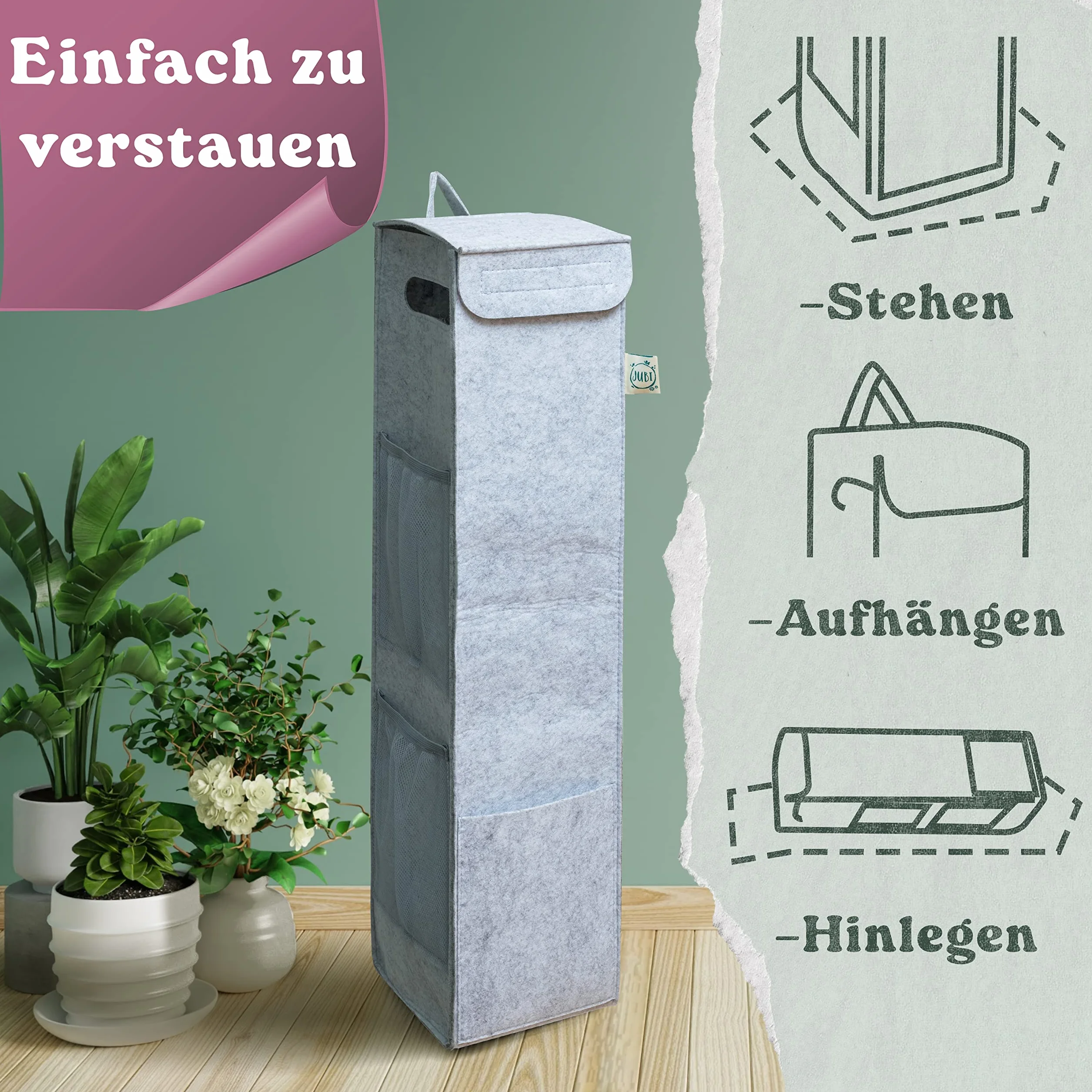 Jubi® organizer na papier prezentowy, w 100% z filcu z recyklingu, na 15 rolek papieru I OekoTexI – stabilny organizer do przechowywania papieru prezentowego, nowoczesny worek do przechowywania (szary