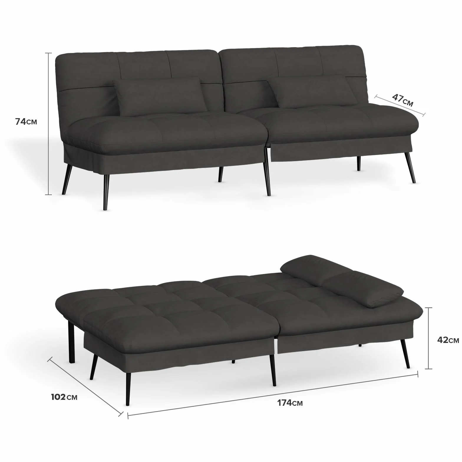 COMHOMA Sofa rozkładana z funkcją spania – narzuta futon – sofa narożna – 3-osobowa sofa dla gości – z regulowanym oparciem z tkaniny, czarna