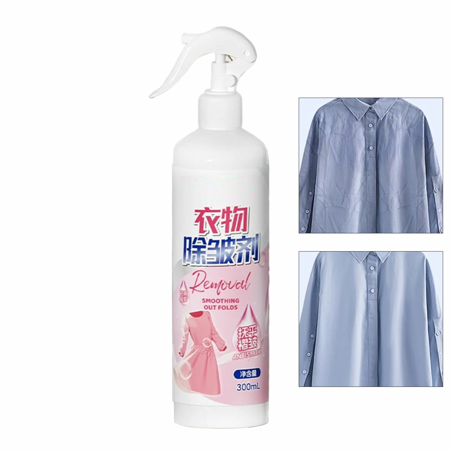 Spray przeciwzmarszczkowy do odzieży, bez prasowania tkanin - 300 ml, antystatyczny zapachowy, do podróży i domu