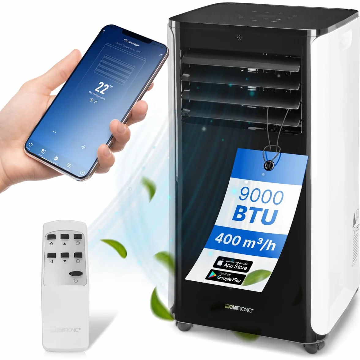 Clatronic CL 3716 mobilny klimatyzator, moc chłodzenia 9000 BTU do dużych pomieszczeń, w zestawie zestaw okienny do uszczelniania, sterowanie Wi-Fi, Voice Control Amazon za pośrednictwem Alexa + Google Assistant, 1050 W, 240 V