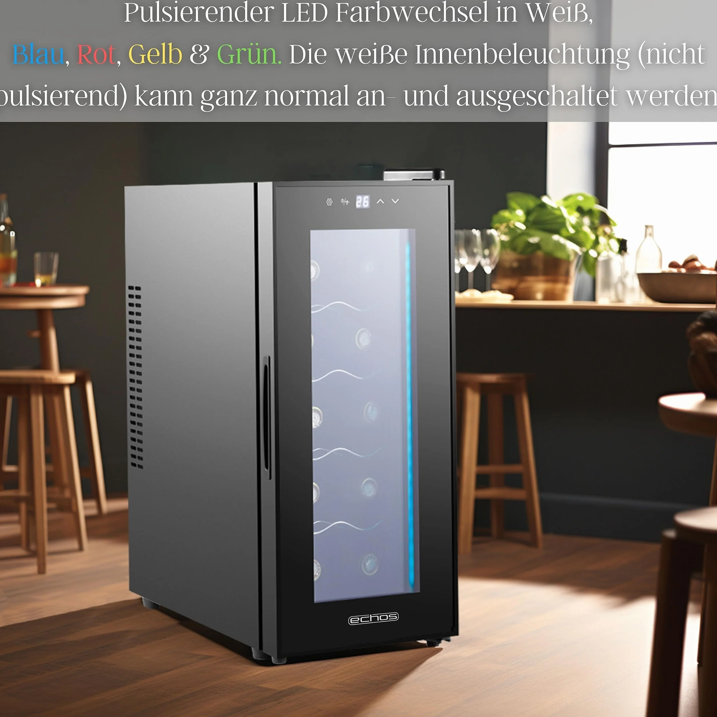 Echos Lodówka na wino, na 10 butelek, 28 l, oświetlenie LED, chłodziarka do wina, mini lodówka na wino, mini bar ze szklanymi drzwiczkami