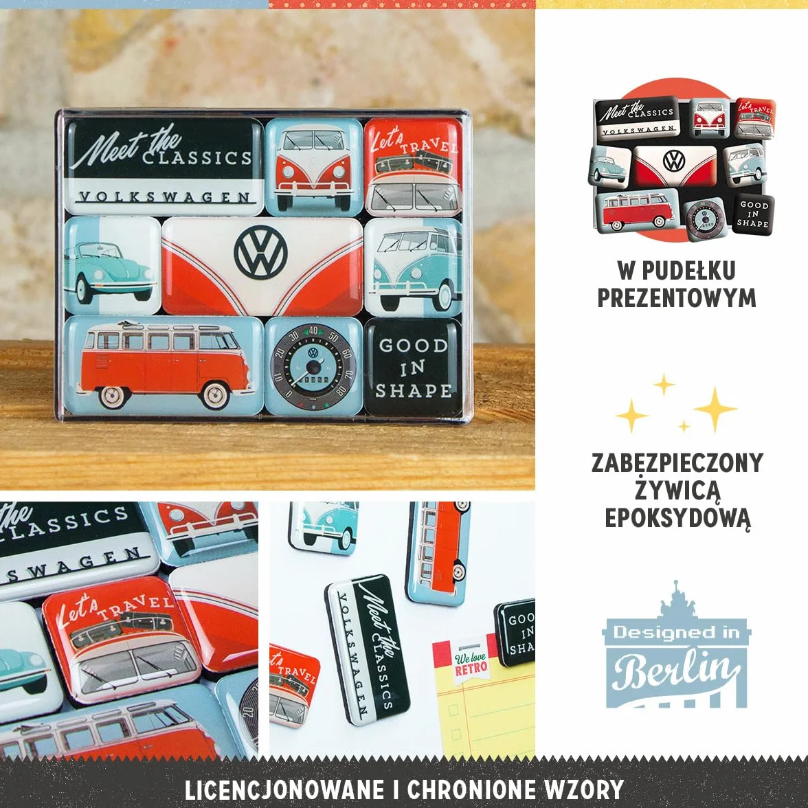 Nostalgic-Art Retro magnesy na lodówkę, 9 sztuk, VW – Meet The Classics – Pomysł na prezent dla miłośnika Volkswagena Busa, Official License Product (OLP), zestaw magnesów, Styl vintage