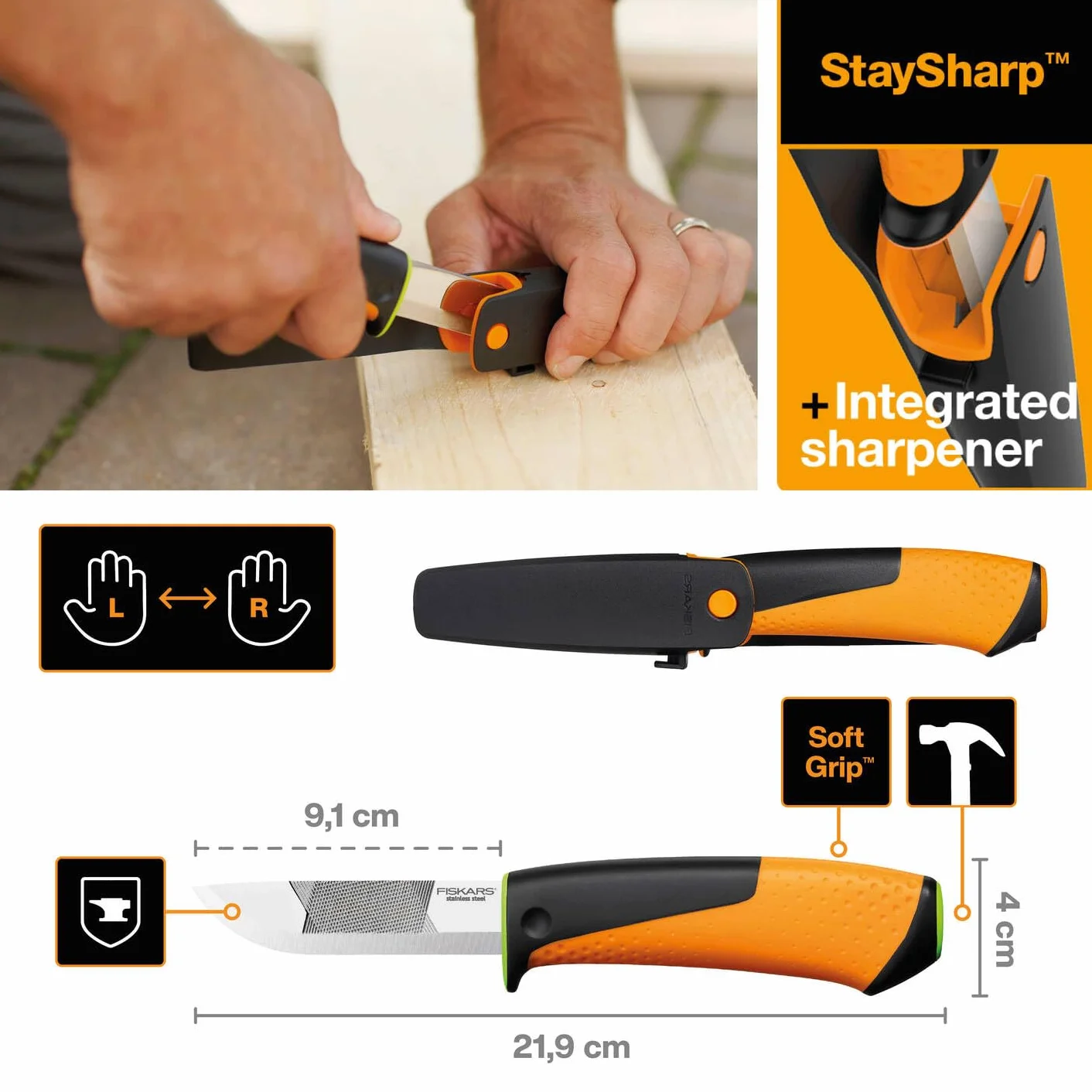 Fiskars Nóż profesjonalny wraz z kaburą z wbudowaną ostrzałką, Długość całkowita: 21,9 cm, Czarny/ pomarańczowy/ zielony, 1023619