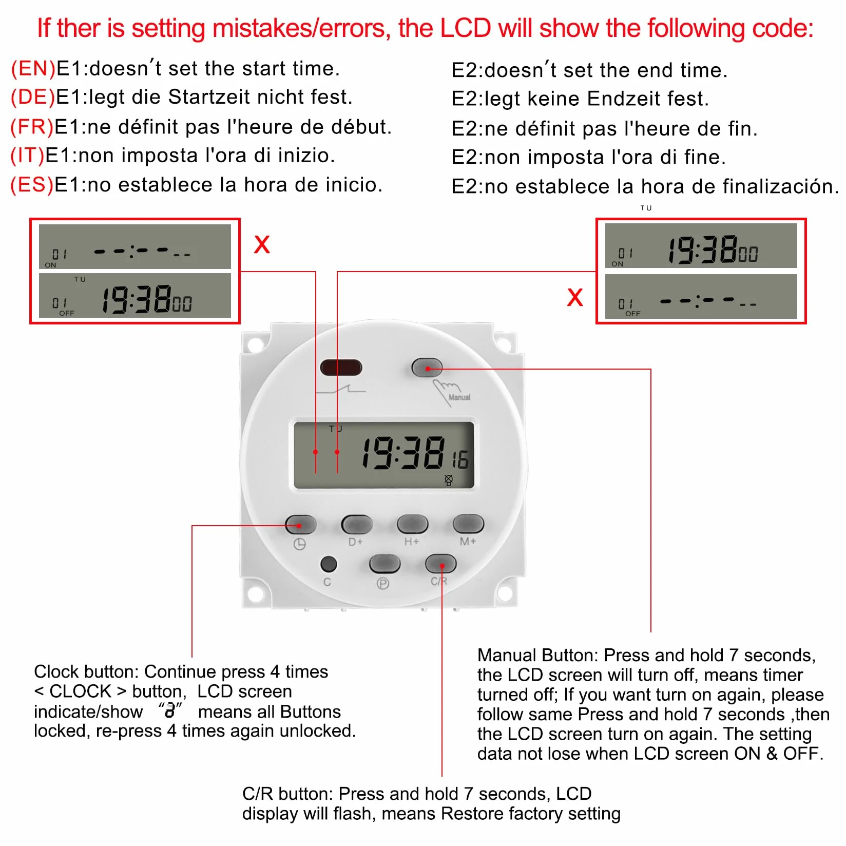 Heschen CN101A Cyfrowy Timer LCD Programowalny Przełącznik Przekaźnika AC 220V 16A SPST