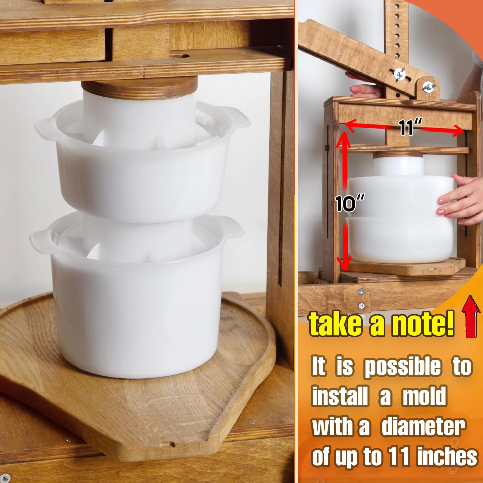 Dutch Wooden Cheese Press - Cheese Making Kit with Lever, 2 Cheese Molds & 200 lbs Pressure