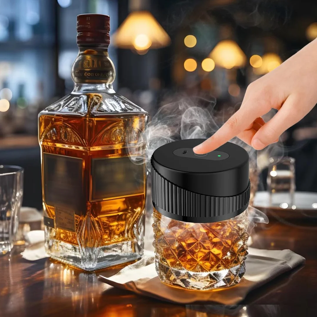 LOMUG Zestaw do wędzenia whisky, elektryczny zestaw do wędzenia koktajli z 6 drewnianymi wiórami, akcesoria do wędzenia whisky Old Fashioned na napoje i bourbon, kawa, mięso-orzech włoski, prezent dla
