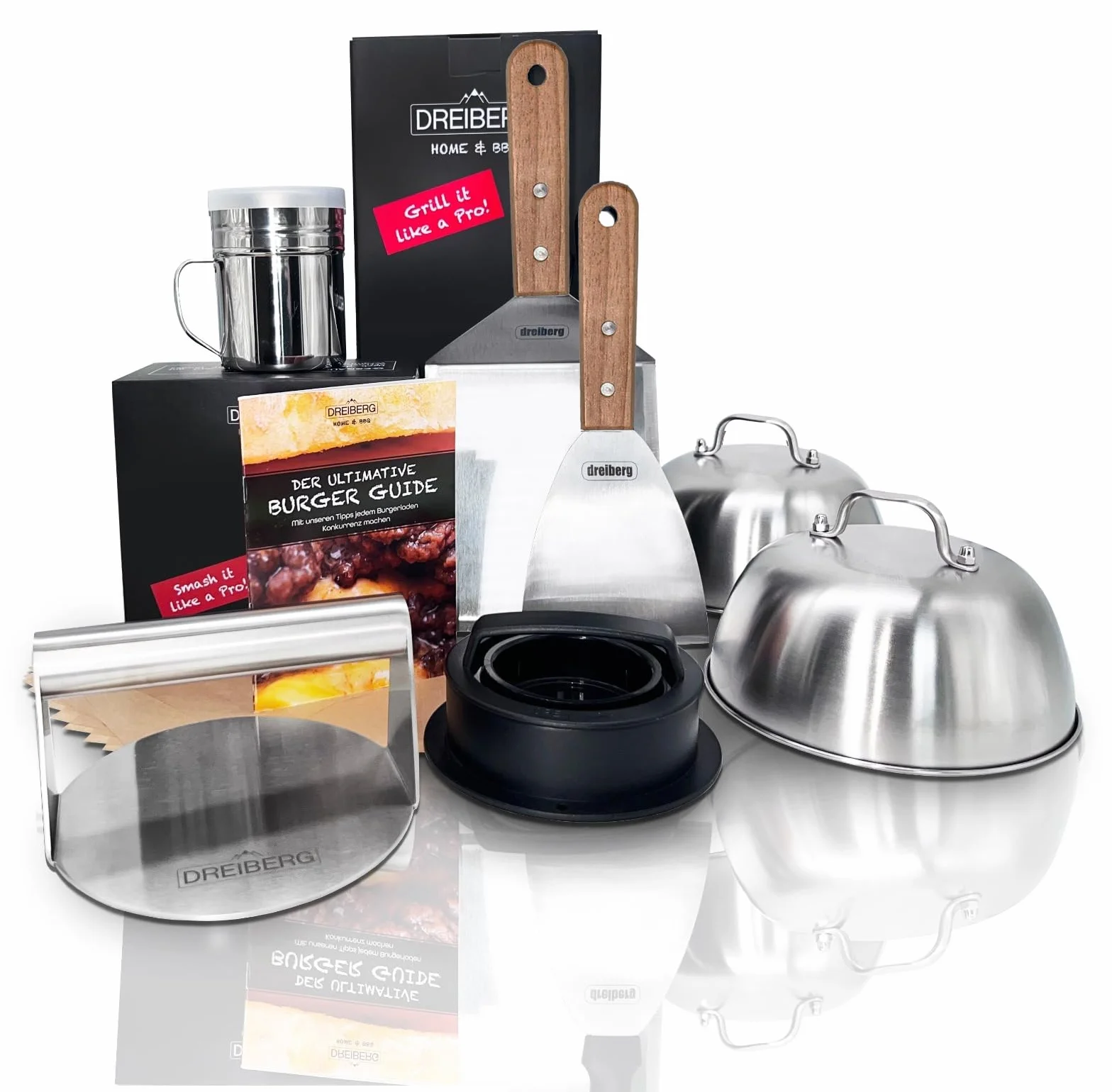 DREIBERG Zestaw burgerów z drewna bukowego i stali nierdzewnej do planchy, grilla gazowego, teppanyaki wraz z zestawem szpachli do grilla, papier do burgerów, dzwonków do wytapiania, prasy do grilla