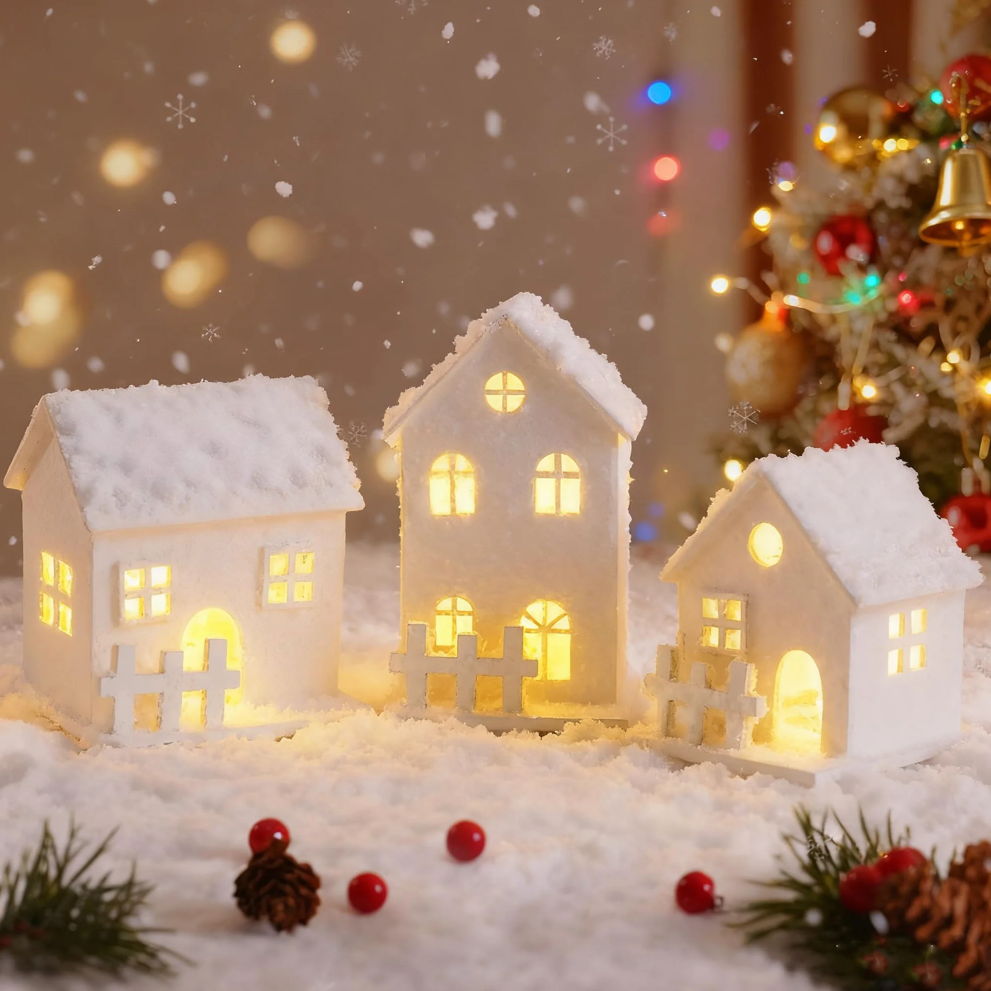3 sztuki drewniana wioska bożonarodzeniowa, miniaturowy dom, biały śnieg, mini oświetlenie LED na baterie, dekoracja bożonarodzeniowa, małe akcesoria anime, lampka nocna, prezent zimowy