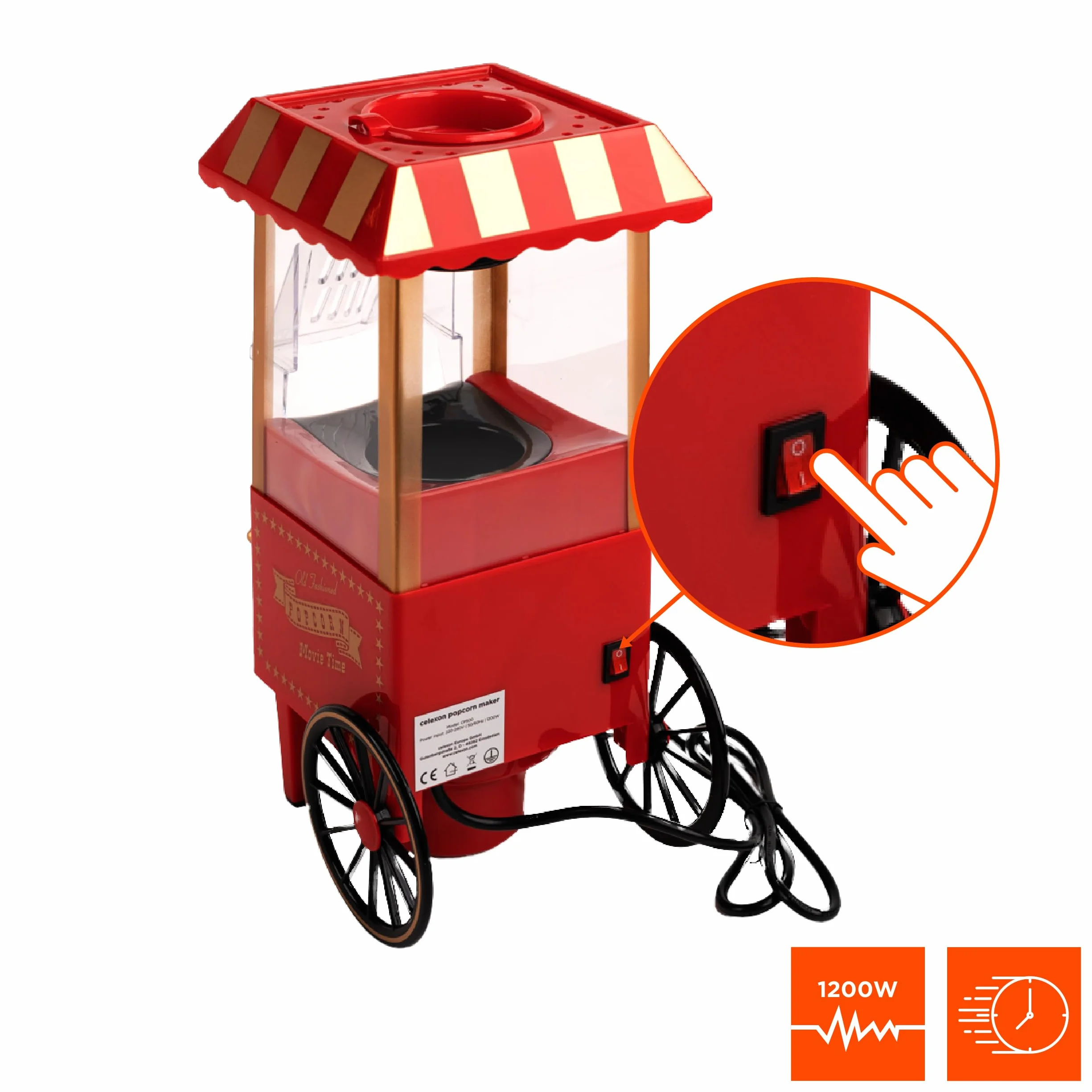 celexon CinePop CP500 maszyna do popcornu – 24 x 19 x 39,5 cm – waga: 1,7 kg – czerwony/retro/wzór Kirmes – bez oleju/niskotłuszczowego – urządzenie do robienia popcornu