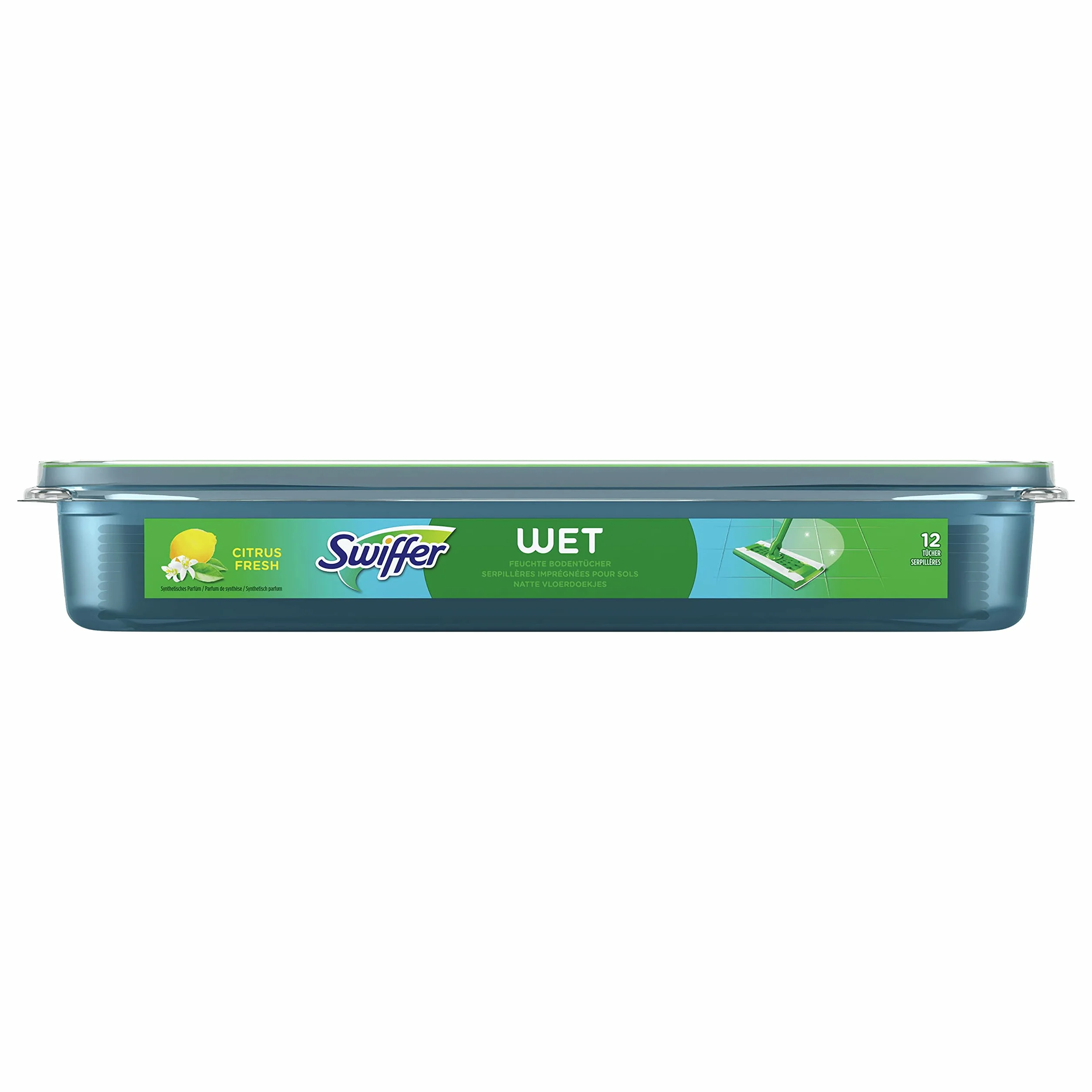 Swiffer Chusteczki na mokro, 12 chusteczek czyszczących, do zamiatania, łapania kurzu, chusteczki zatrzymują kurz i brud