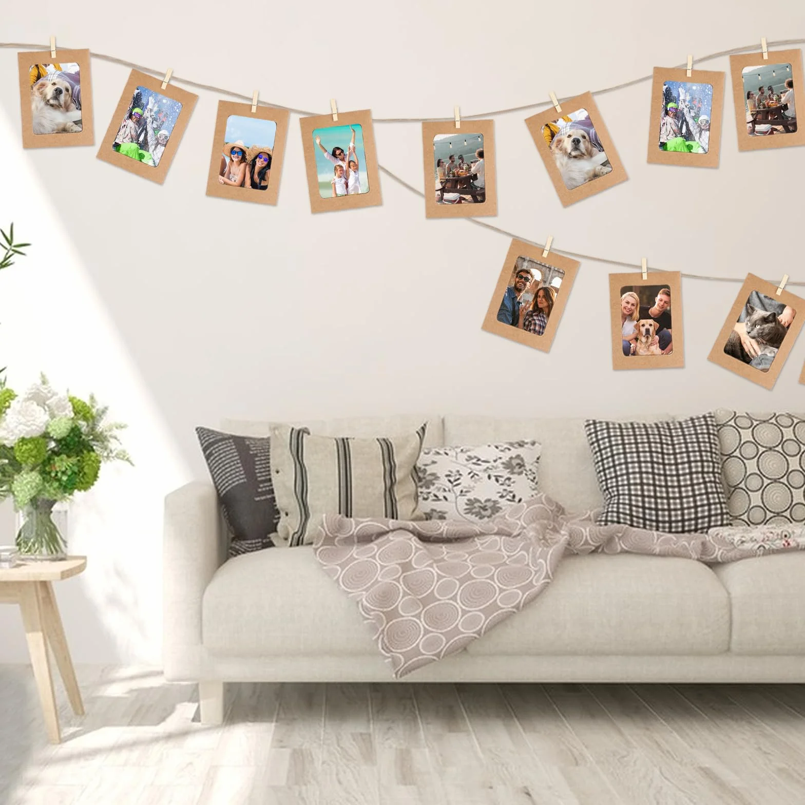 30 szt. papierowych ramek na zdjęcia, z papieru typu kraftowego, 15,2 x 11,5 cm, kartonowa ramka na zdjęcia do majsterkowania, girlanda do zawieszenia z drewnianymi klamerkami i liną konopną do
