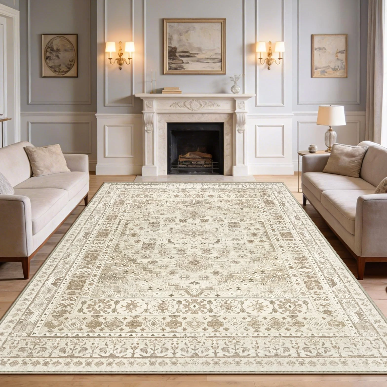 Capslpad Zmywalne dywany, do salonu, 200 x 300 cm, postarzane, vintage, antypoślizgowe, tradycyjne, orientalne, do sypialni, niskie runo, cienka mata podłogowa, dywan do jadalni, kuchni, biura, beżowy