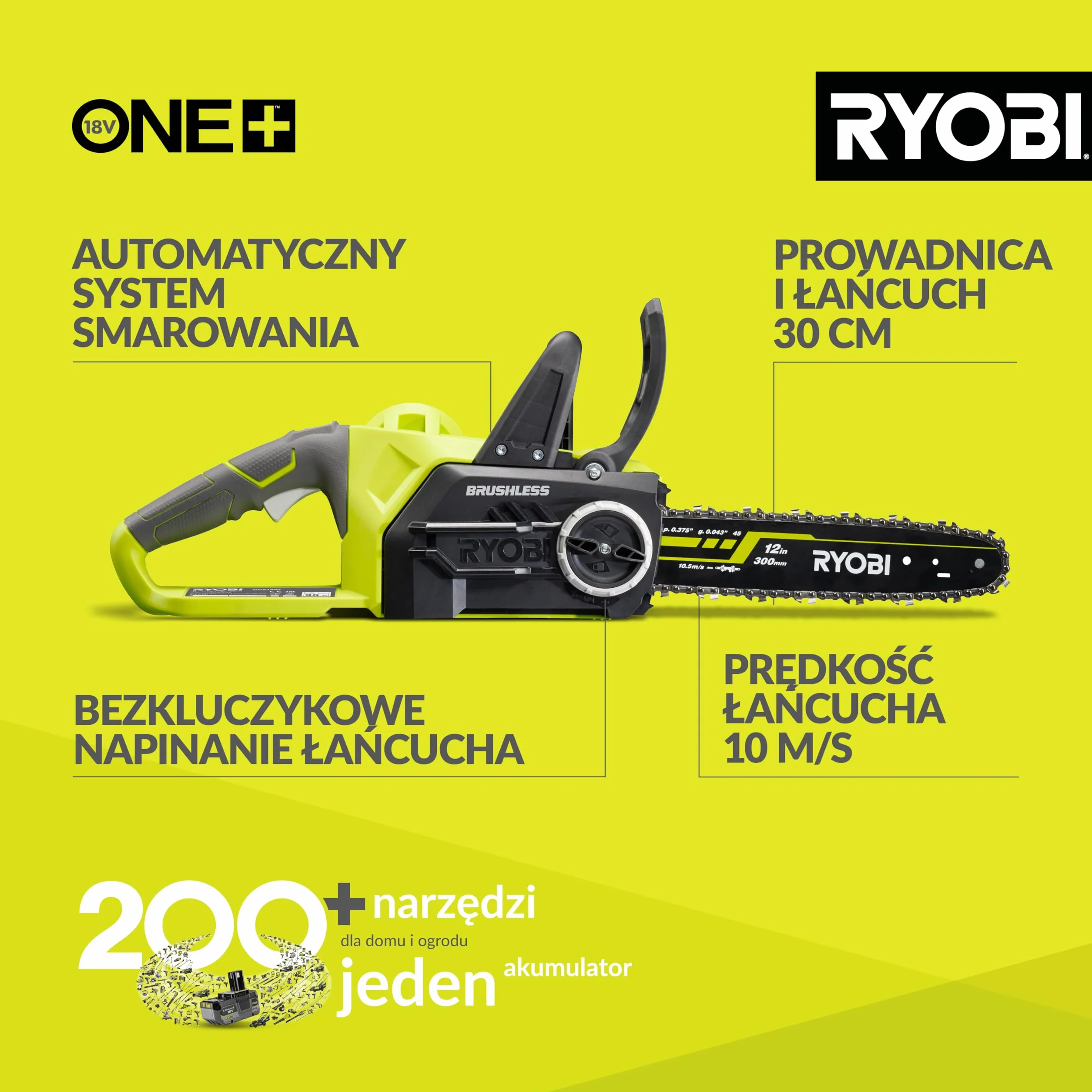Ryobi Pilarka Łańcuchowa 18 V, OCS1830, Silnik Bezszczotkowy, Długość Prowadnicy 30 cm, Prędkość Przesuwu Łańcucha 10 m/s, Prowadnica oraz Łańcuch Marki Oregon, Automatyczne Smarowanie