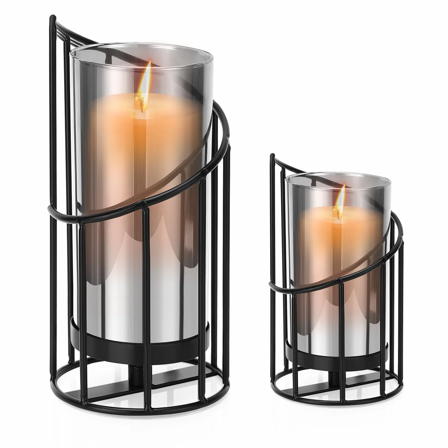 Świecznik, czarny dekoracyjny, zestaw 2 szt., czarny, szklany cylinder z metalowym dnem, dekoracja stołu w stylu vintage, nowoczesny świecznik geometryczny do salonu, jadalni, ogrodu
