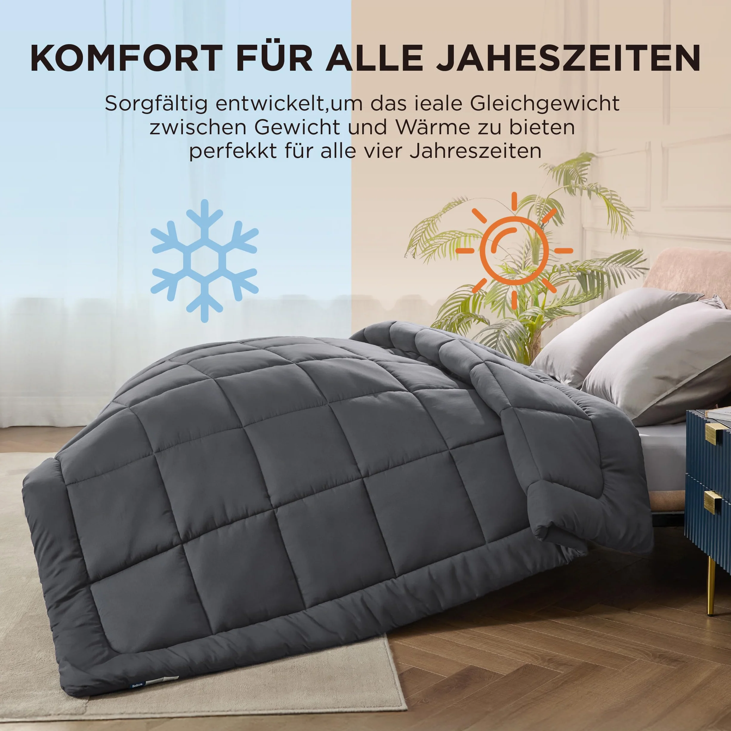 Bedsure Kołdra 135 x 200 cm na cztery pory roku przez cały rok - kołdra 135 x 200 cm 4 pory roku, certyfikat Öko-Tex 300GSM szara, miękki i ciepły puch, dla alergików