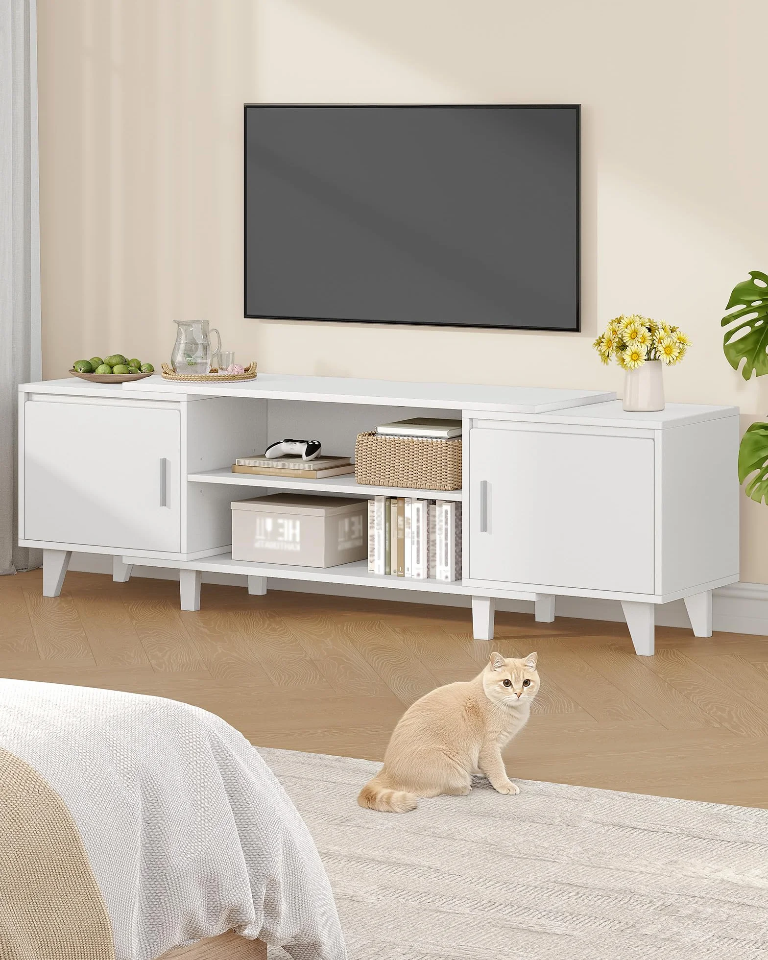 Hzuaneri Stolik pod telewizor, stolik pod telewizor, odpowiedni do telewizorów poniżej 44,5 cm Stolik pod telewizor z 2 szafkami i 2 otwartymi przestrzeniami, 40 x 140 x 51,5 cm, Biały