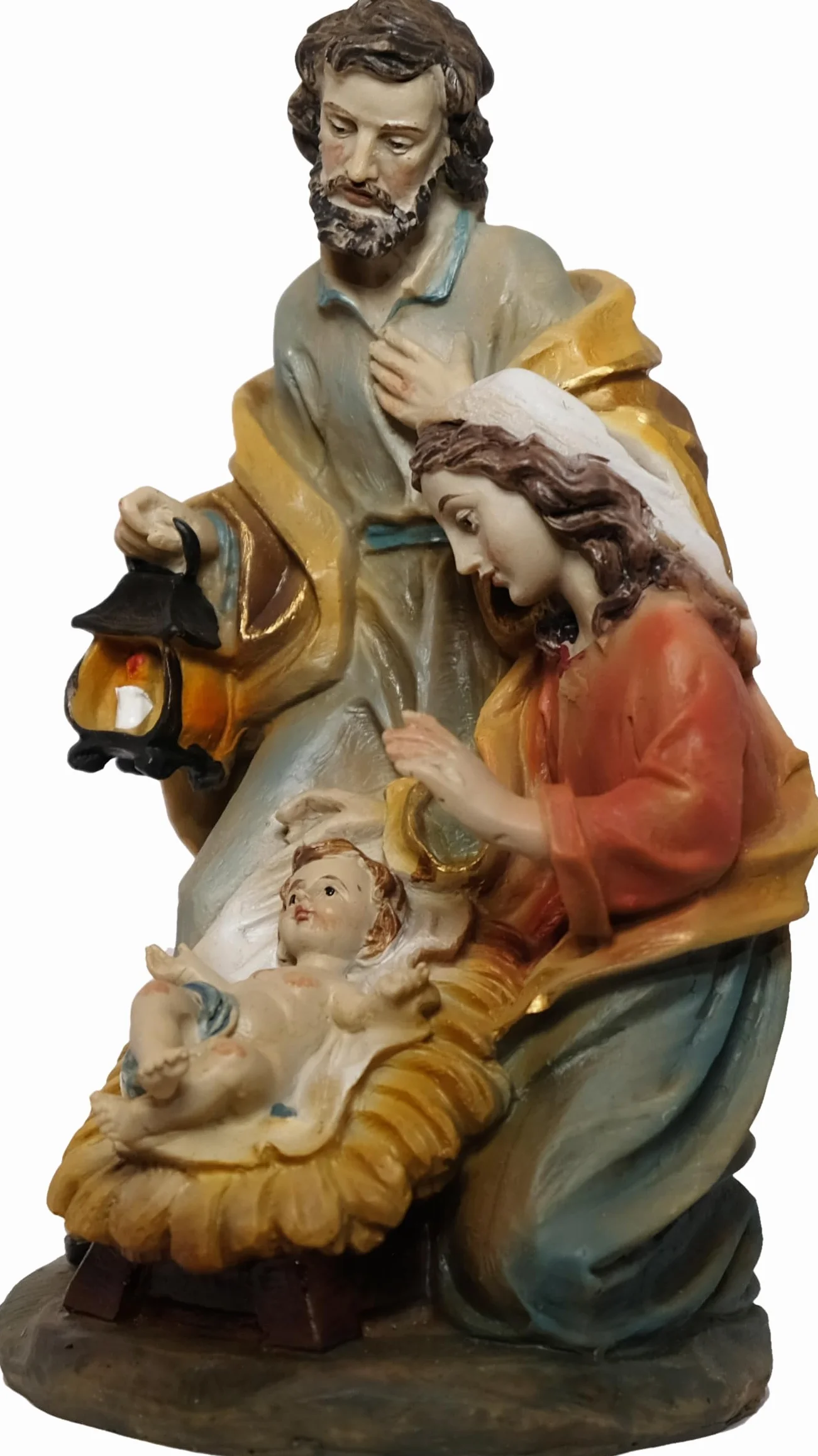 Szopka bożonarodzeniowa Święta Rodzina, styl barokowy, ręcznie malowana figurka, wysokość 14 cm, sztuczny kamień z żywicy poliestrowej, wielokolorowa szopka