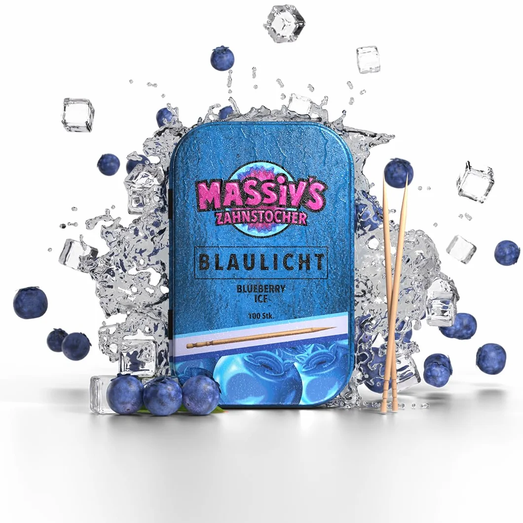 Massiv’s Toothpicks – Smakowe wykałaczki – BLAULICHT Blueberry Ice – 100 smakowych wykałaczek – Świeży oddech – Stylowa metalowa puszka – Wegańskie, bez cukru, bez kalorii