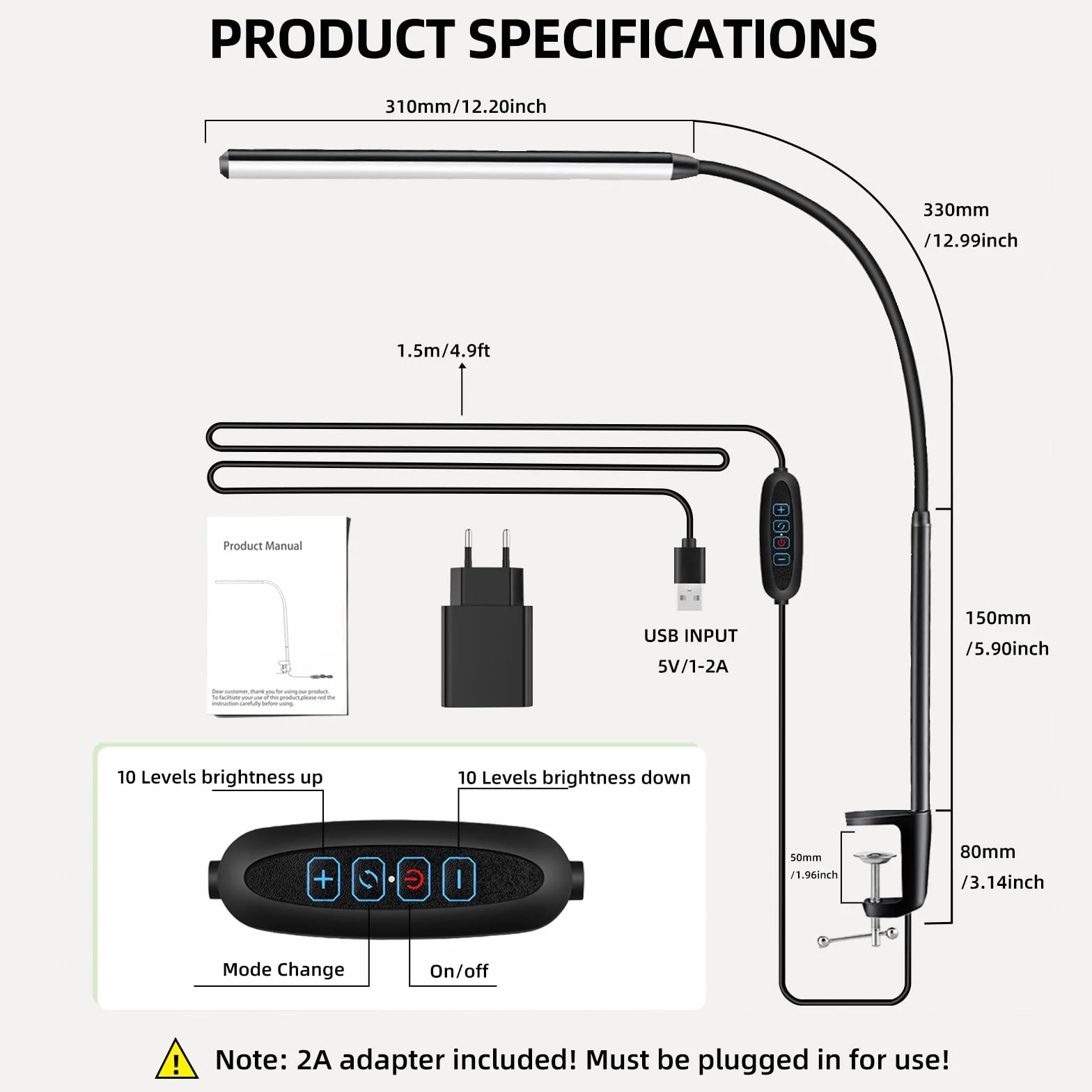 Akynite Lampa zaciskowa USB, adapter w zestawie, lampa do czytania, 3 kolory i 10 intensywności, elastyczna lampa biurkowa dla dzieci, klips do manicure stołowego, czarna