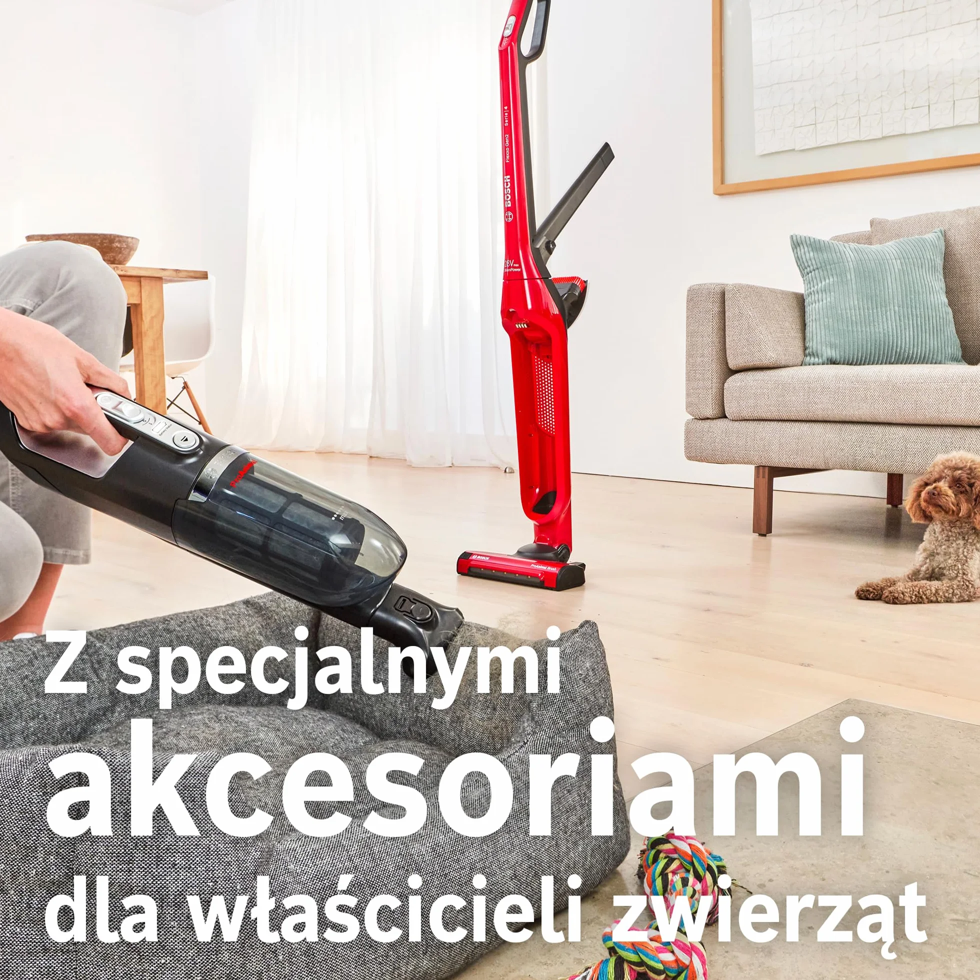 Bosch, Flexxo Gen2 Serie 4, ProAnimal, 28 Vmax, 2w1, bezprzewodowy, bezworkowy odkurzacz ręczny i pionowy, zintegrowane akcesoria dla właścicieli zwierząt, czerwony, BBH3ZOO28
