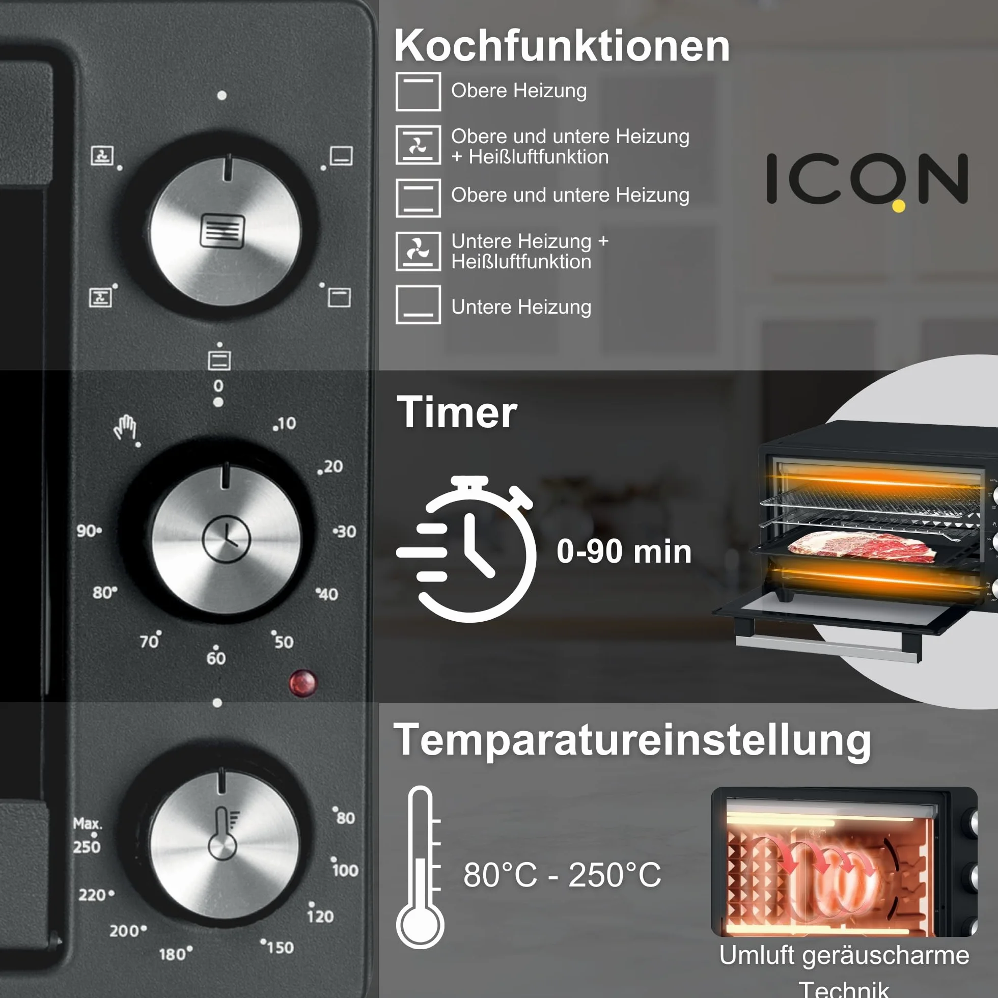 ICQN Mini piekarnik 20 l 1500 W grzanie górne/dolne z funkcją obracania ciepła 5 funkcji grillowania timer czarny