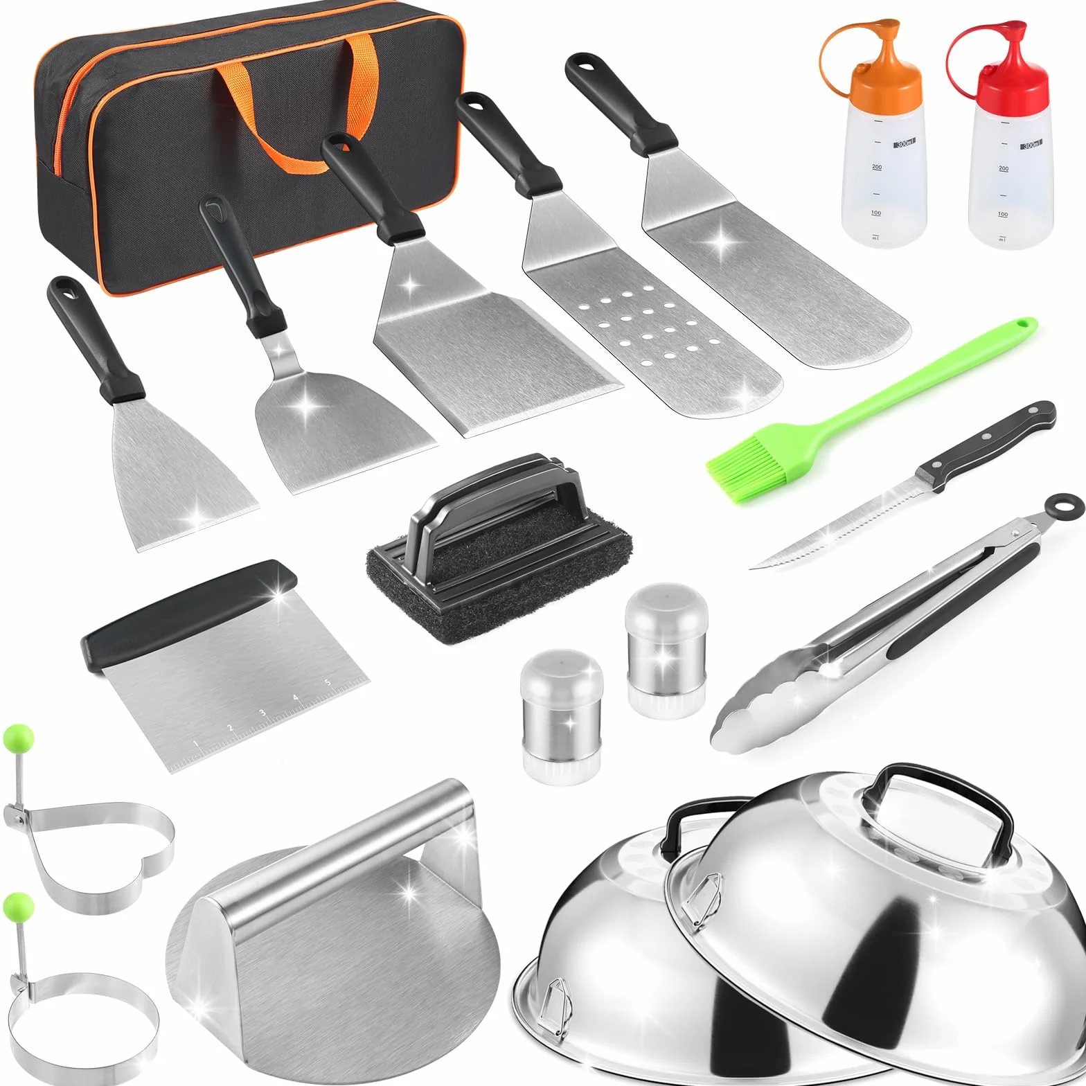 Zestaw akcesoriów do grilla, 20 szt. płaskich akcesoriów do grilla Blackstone Camp Chef, zestaw metalowych szpatułek z prasą do burgerów, osłona do nalewania, kopuła do topienia, szczypce