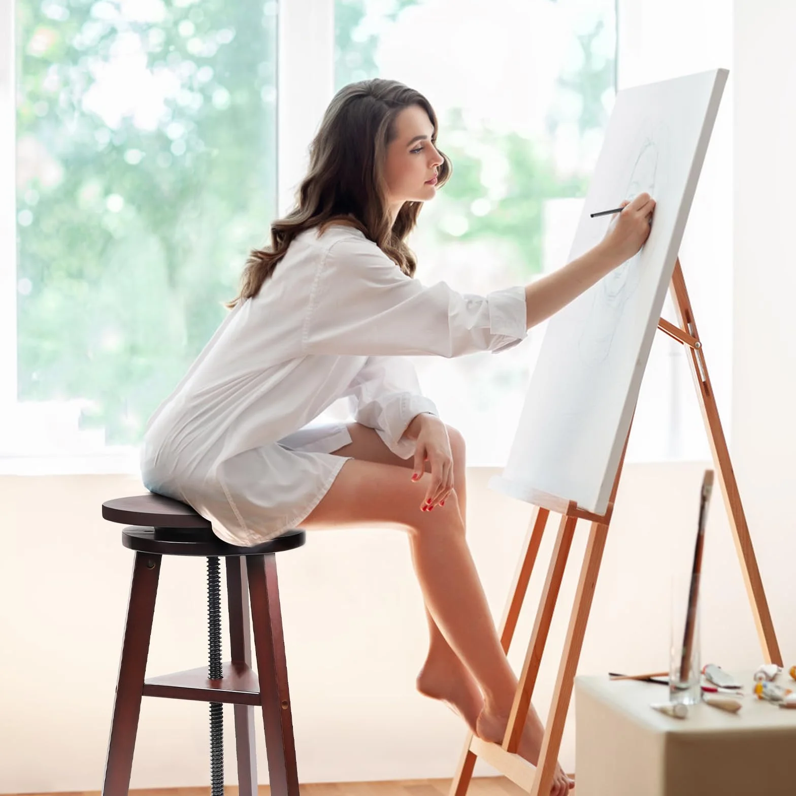 LALAGO Taboret malarski Ø 30 cm, 48-65 cm, taboret z regulacją wysokości, stołek rysunkowy z drewna bukowego, stołek artystyczny, okrągły obrotowy o 360°, drewniane krzesło do stołu kreślarskiego