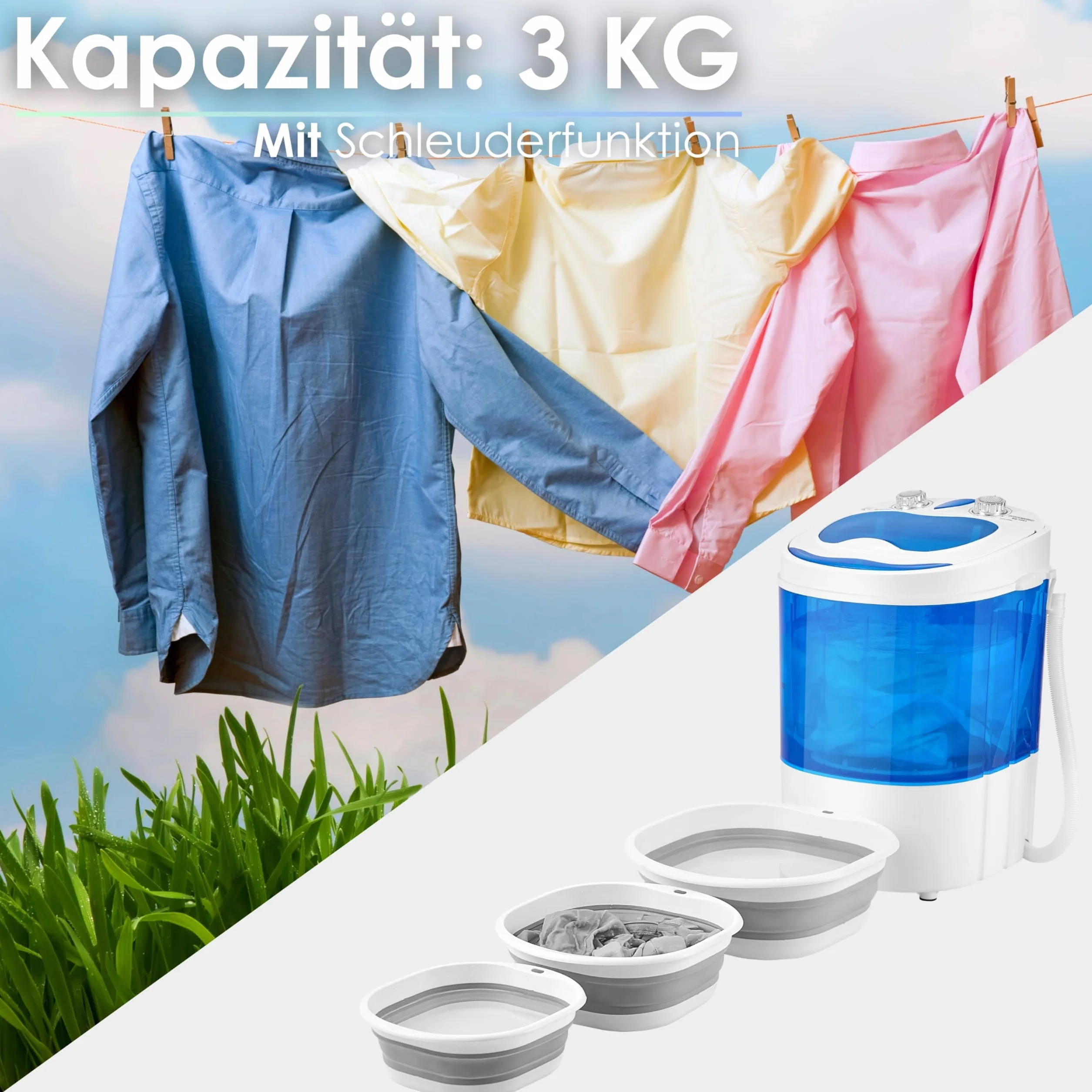 Steinborg Mini pralka z wirówką, do 3 kg, 2 komory, wirowanie do 1 kg, pralka podróżna na kemping, przenośna, ładowana od góry, mini pralka, bubble blue/white