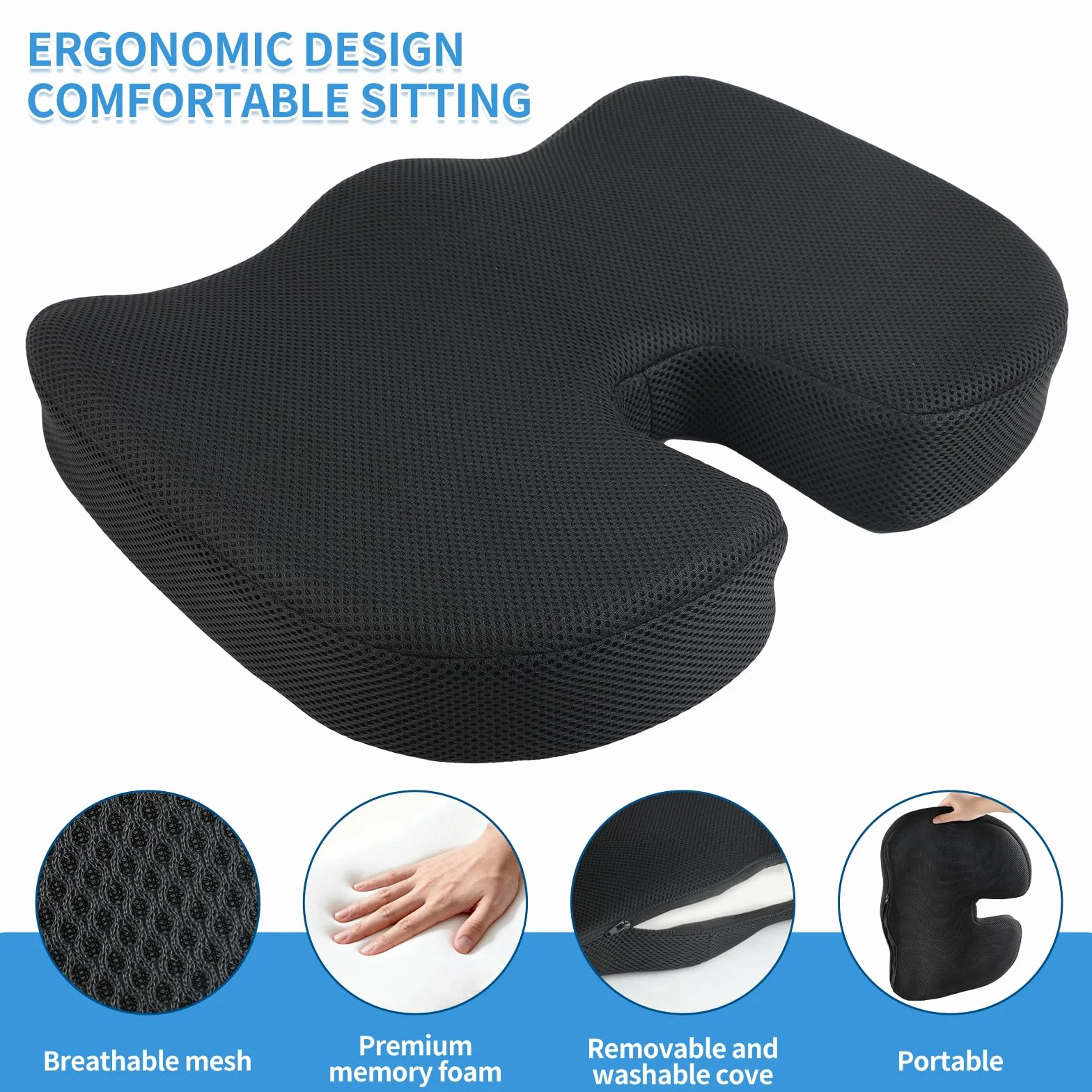 Ortopedyczna poduszka do siedzenia, pianka z pamięcią kształtu, ergonomiczna, zapobiega bólom pleców i kości ogonowej, oddychająca, do biura, samochodu, wózka inwalidzkiego, w podróży, w
