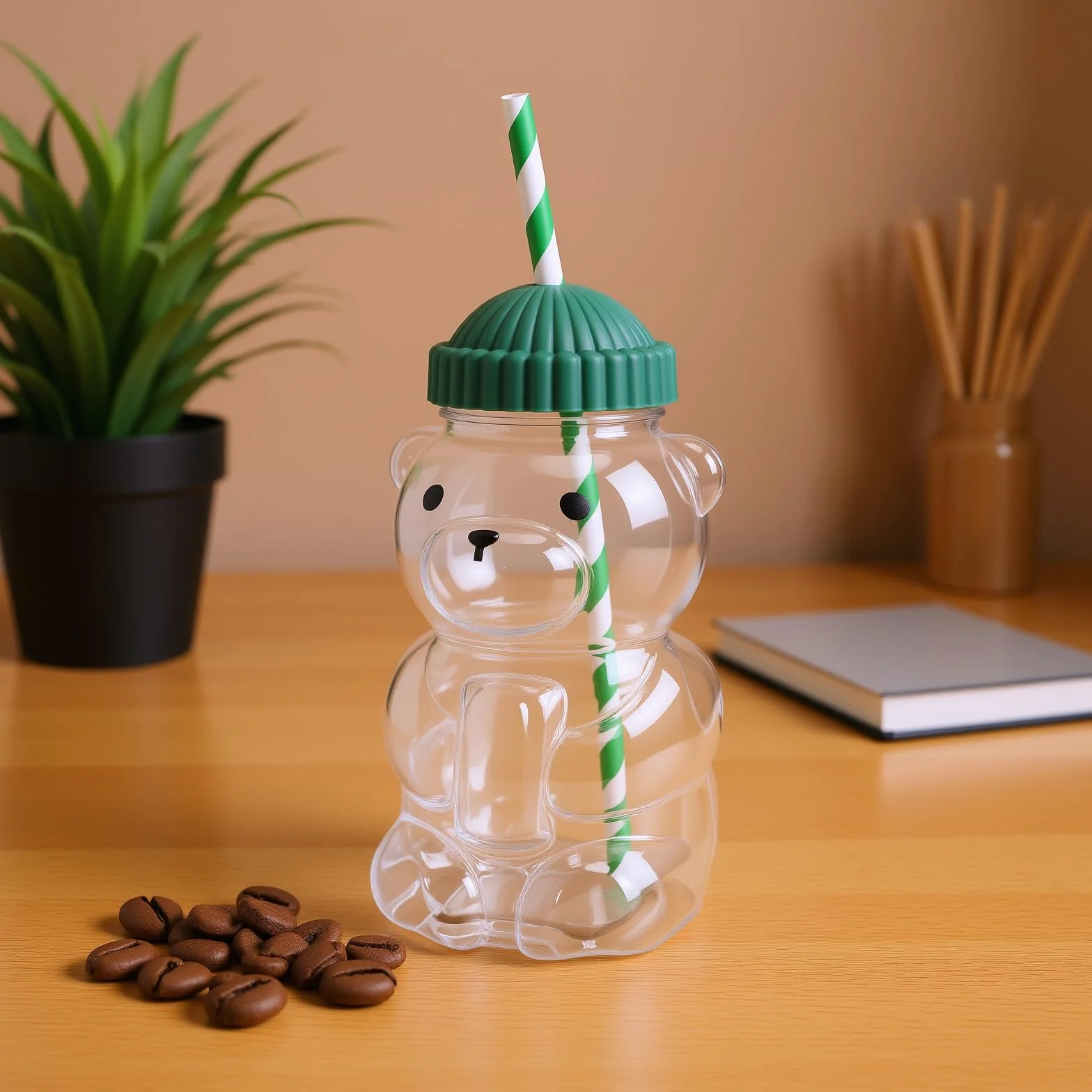 Wakects Kubek Miś 3D, Przezroczysty Kubek do Picia ze słomką 450 ml